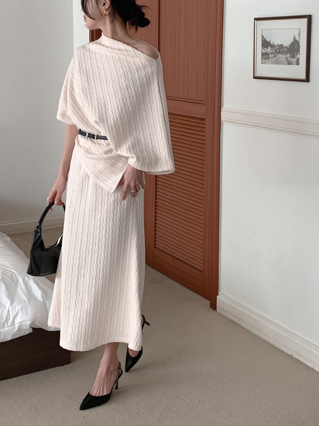 ウエストゴムドルマンアンバランスビッグケープケーブルツーピース(トップス、ボトムス)スカートポンチョベルト付 | 詳細画像11