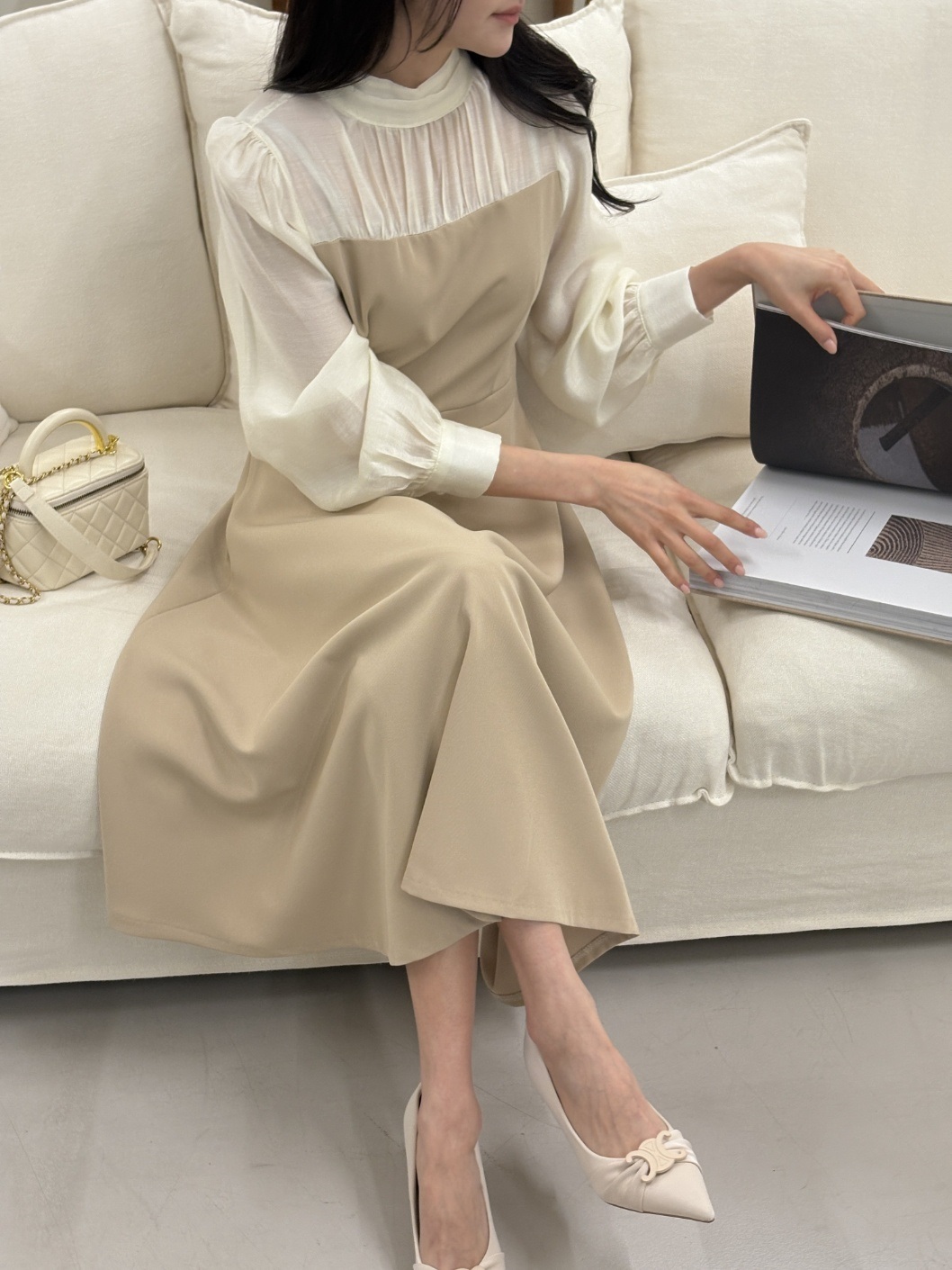 シフォンハーフネックパフスリーブレイヤード風ロング長袖フレアAラインボタンスリーブ配色ワンピース | 詳細画像4