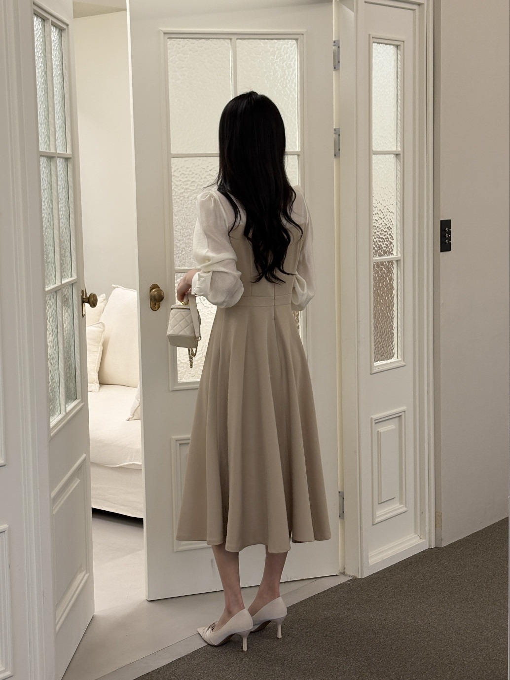 シフォンハーフネックパフスリーブレイヤード風ロング長袖フレアAラインボタンスリーブ配色ワンピース | 詳細画像5