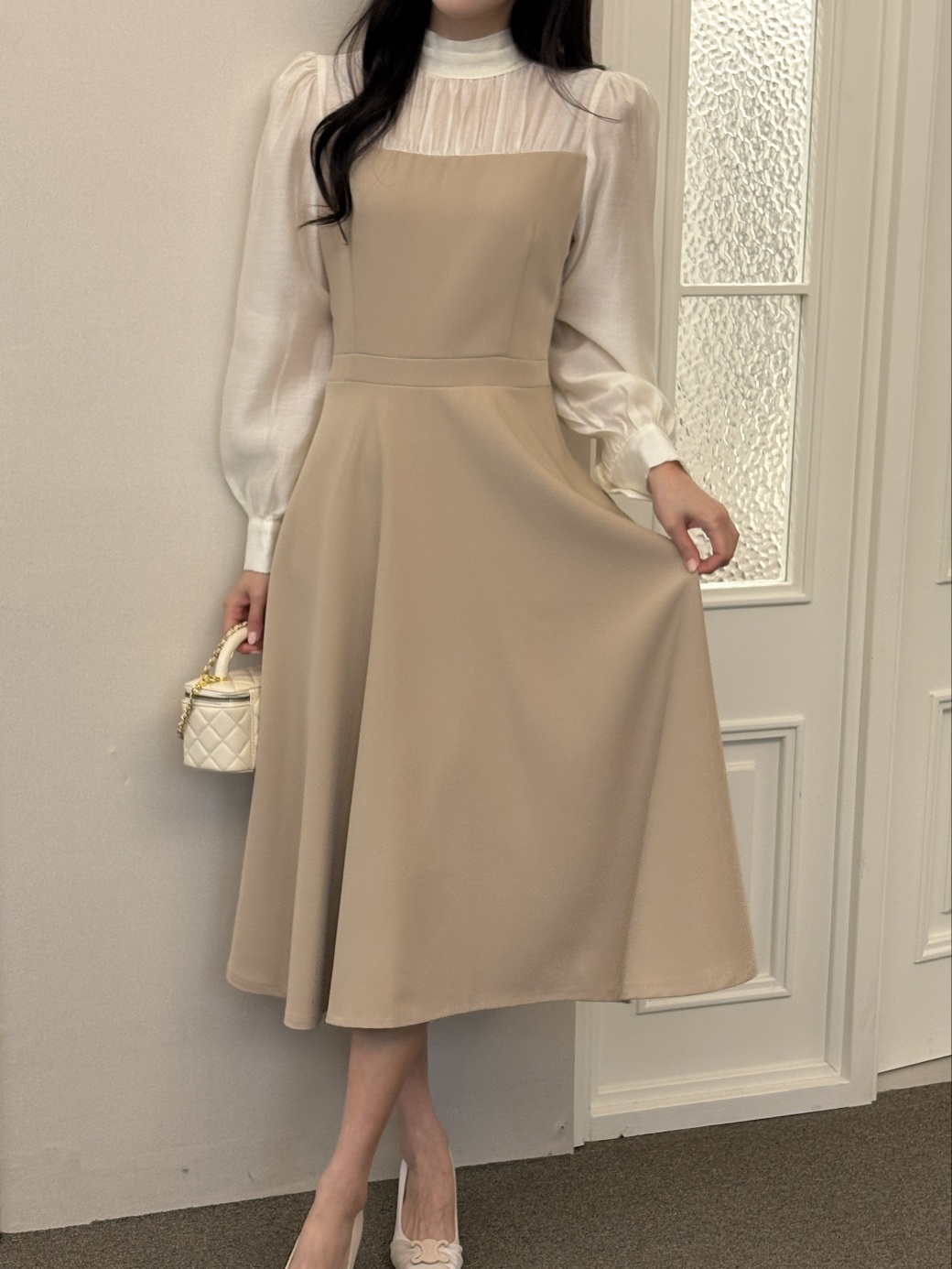 シフォンハーフネックパフスリーブレイヤード風ロング長袖フレアAラインボタンスリーブ配色ワンピース | 詳細画像6
