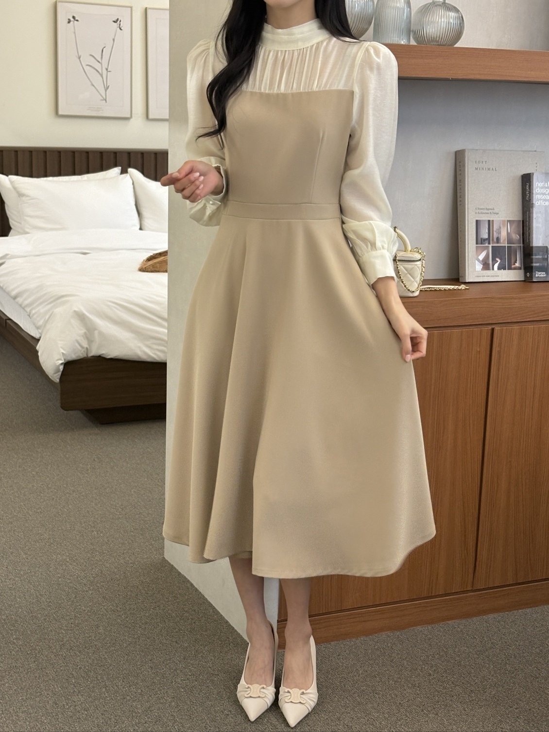 シフォンハーフネックパフスリーブレイヤード風ロング長袖フレアAラインボタンスリーブ配色ワンピース | 詳細画像7