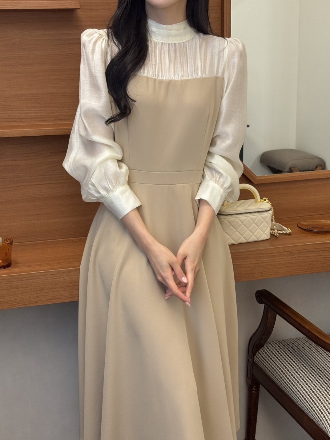 シフォンハーフネックパフスリーブレイヤード風ロング長袖フレアAラインボタンスリーブ配色ワンピース | 詳細画像8