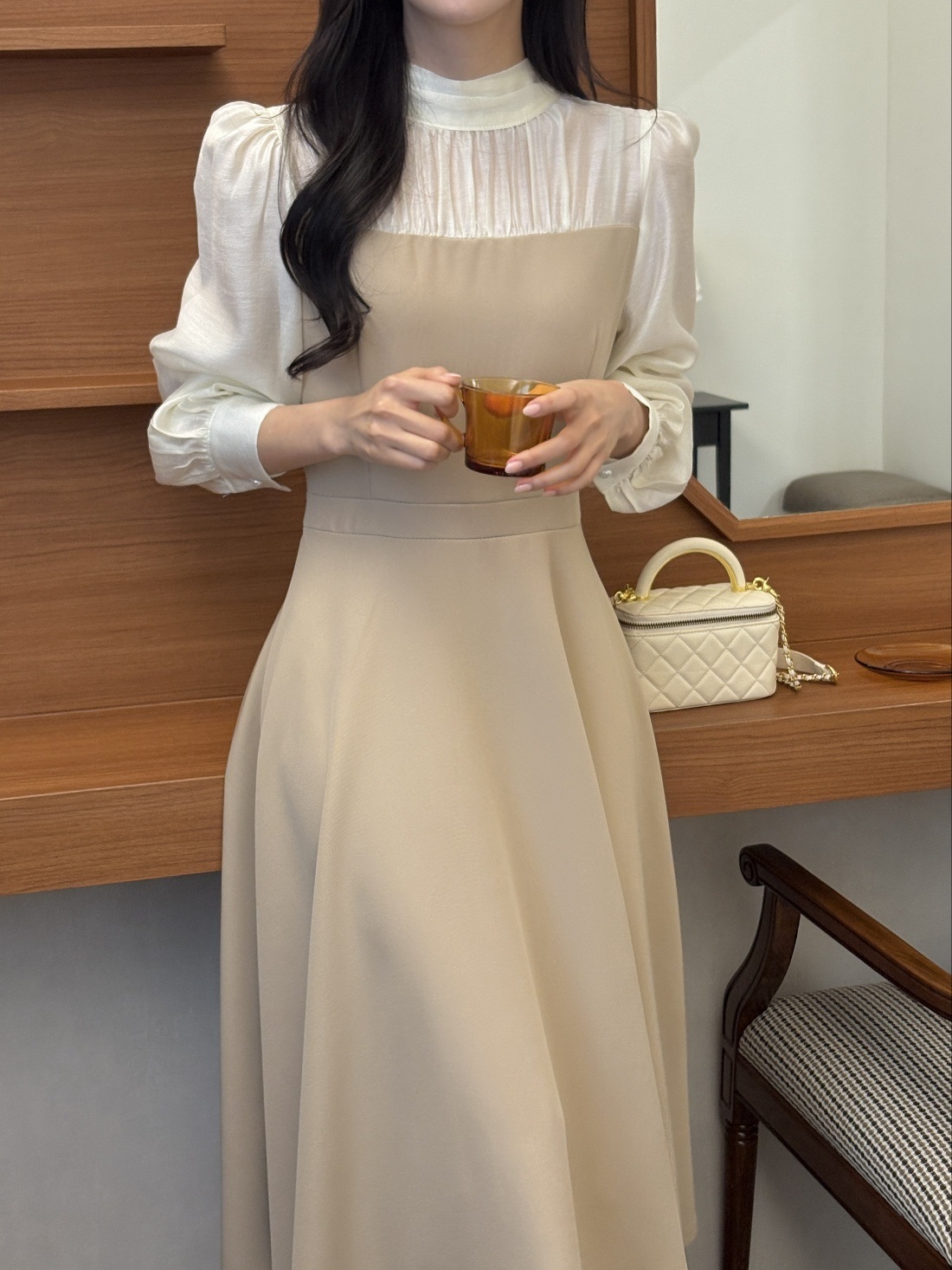 シフォンハーフネックパフスリーブレイヤード風ロング長袖フレアAラインボタンスリーブ配色ワンピース | 詳細画像9