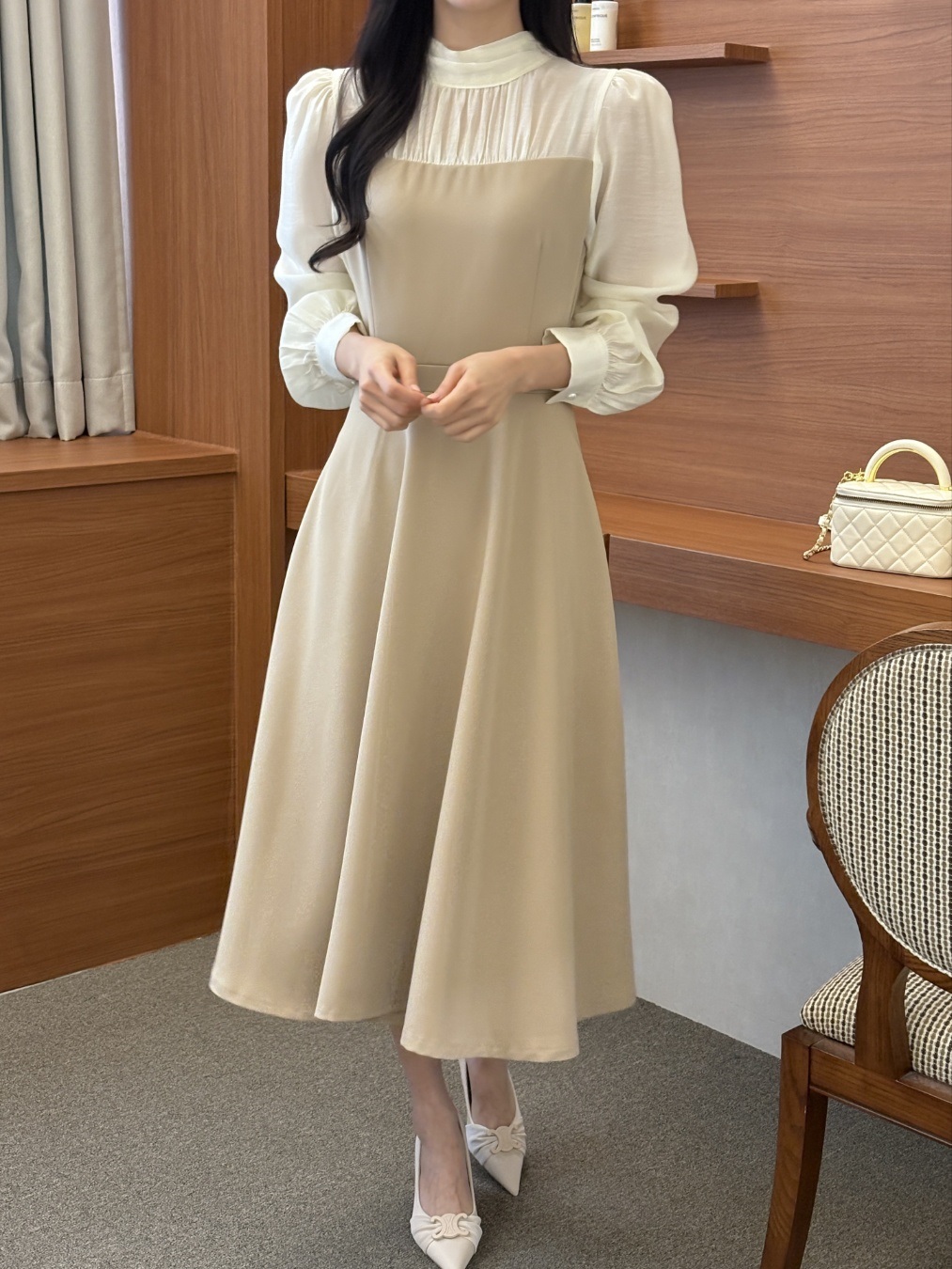 シフォンハーフネックパフスリーブレイヤード風ロング長袖フレアAラインボタンスリーブ配色ワンピース | 詳細画像11