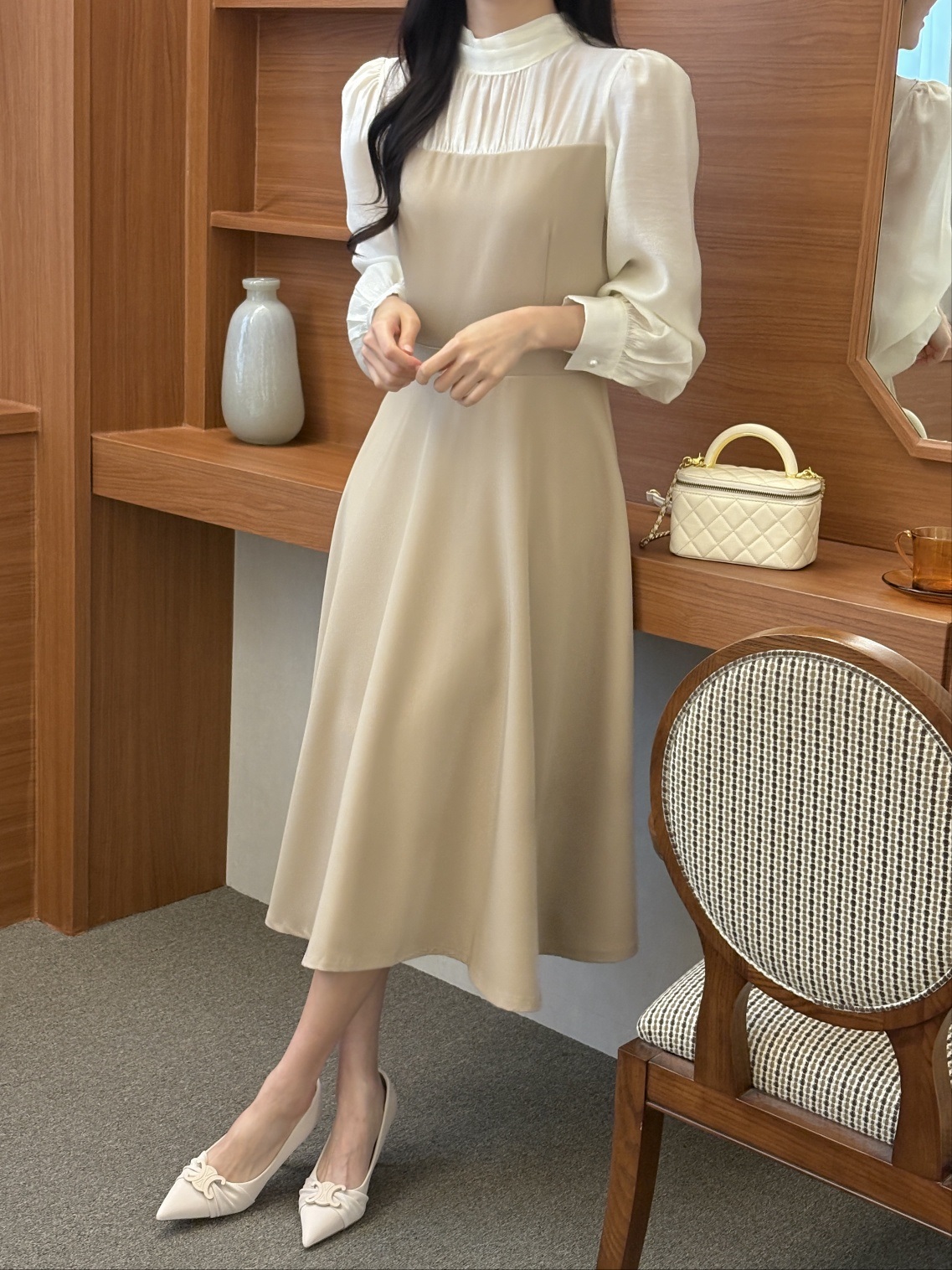 シフォンハーフネックパフスリーブレイヤード風ロング長袖フレアAラインボタンスリーブ配色ワンピース | 詳細画像14