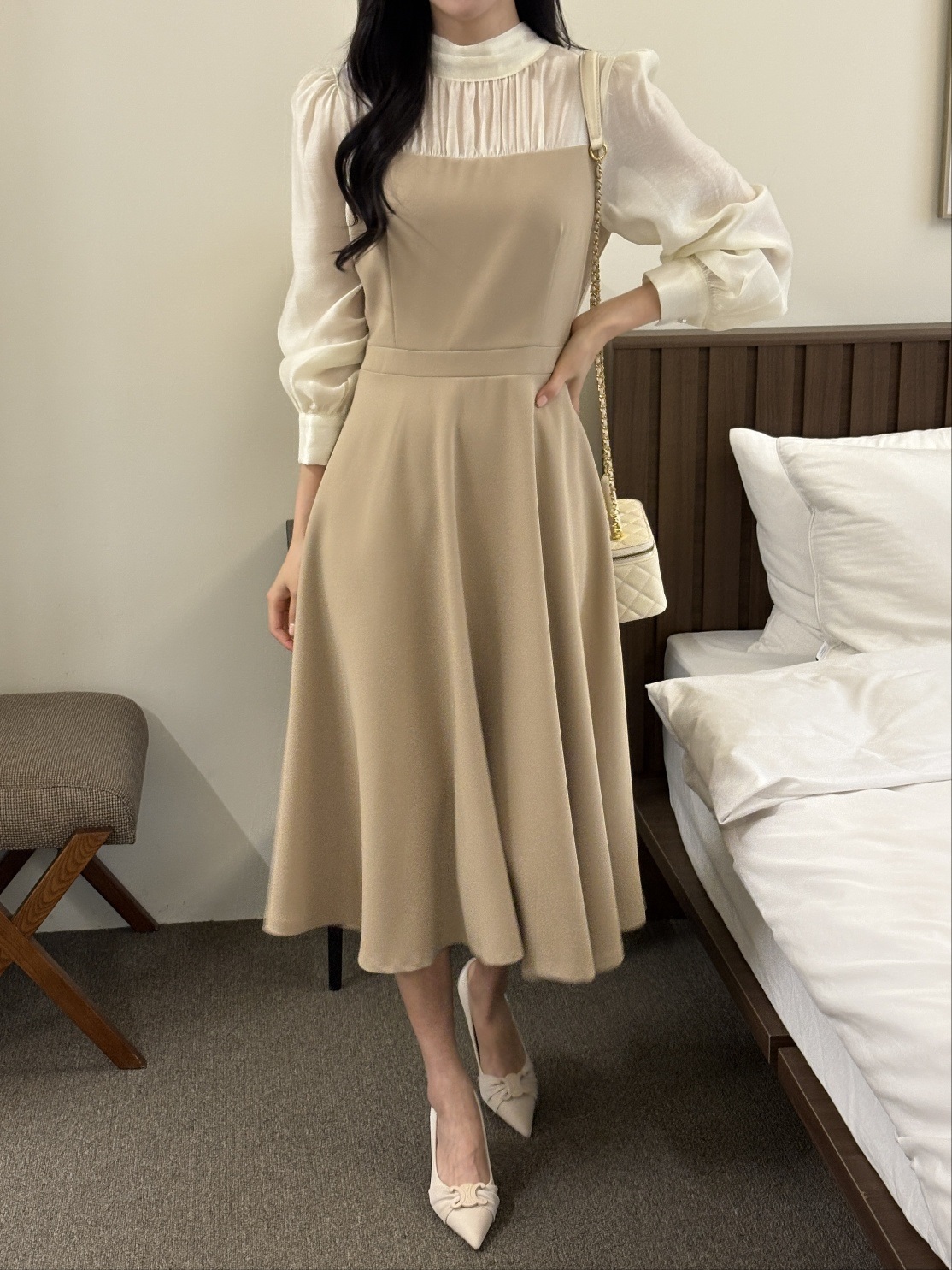 シフォンハーフネックパフスリーブレイヤード風ロング長袖フレアAラインボタンスリーブ配色ワンピース | 詳細画像15