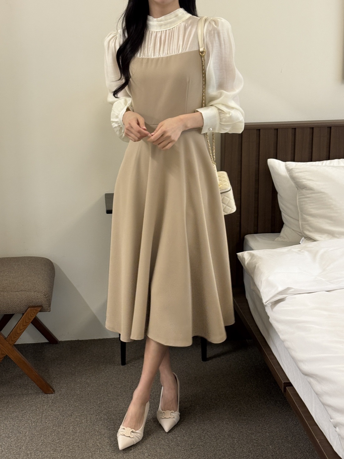 シフォンハーフネックパフスリーブレイヤード風ロング長袖フレアAラインボタンスリーブ配色ワンピース | 詳細画像16
