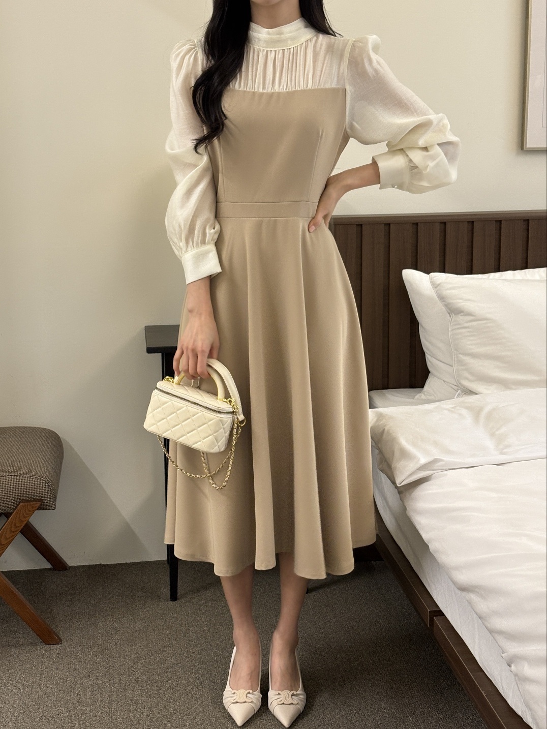 シフォンハーフネックパフスリーブレイヤード風ロング長袖フレアAラインボタンスリーブ配色ワンピース | 詳細画像17