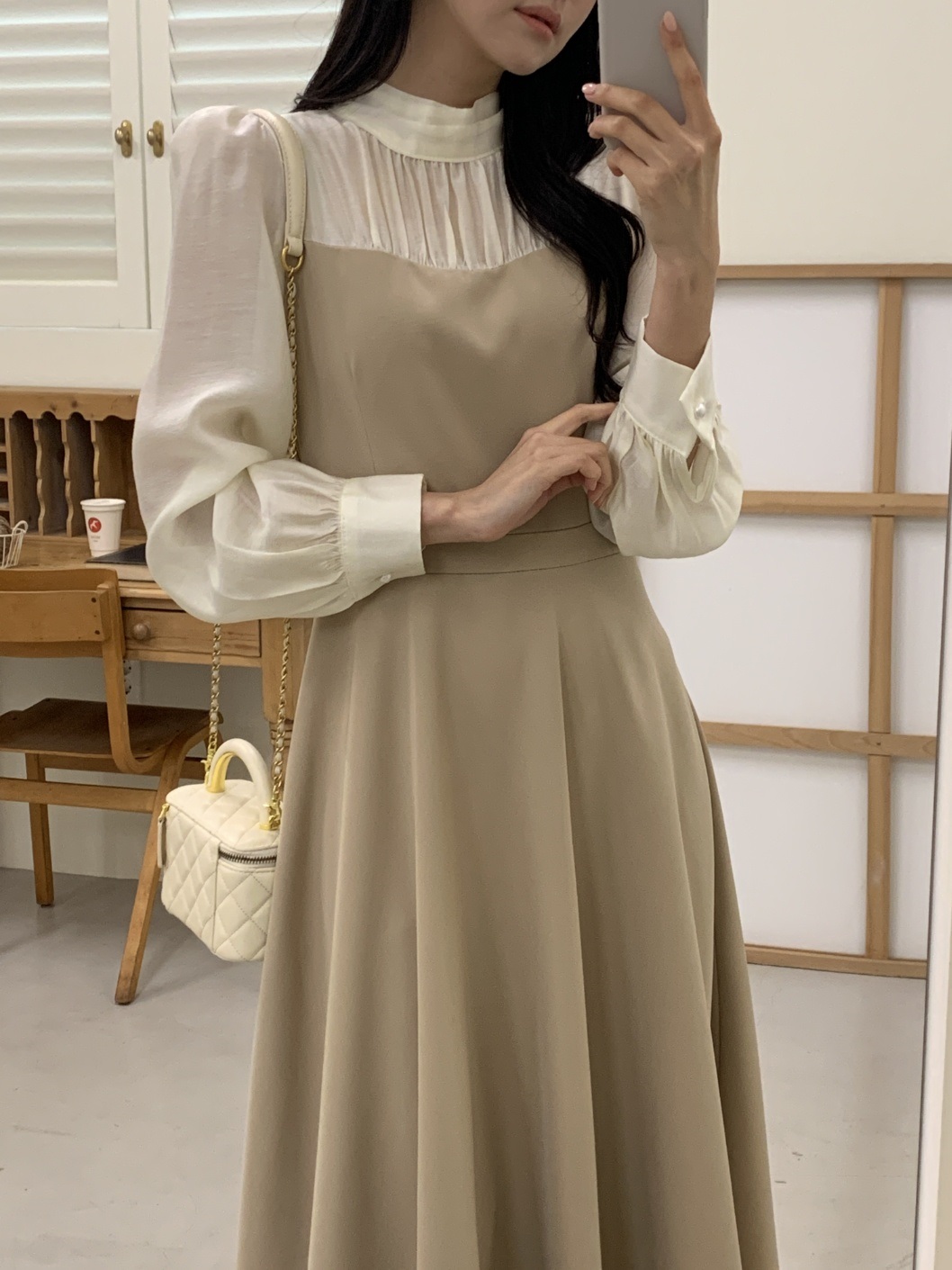 シフォンハーフネックパフスリーブレイヤード風ロング長袖フレアAラインボタンスリーブ配色ワンピース | 詳細画像18