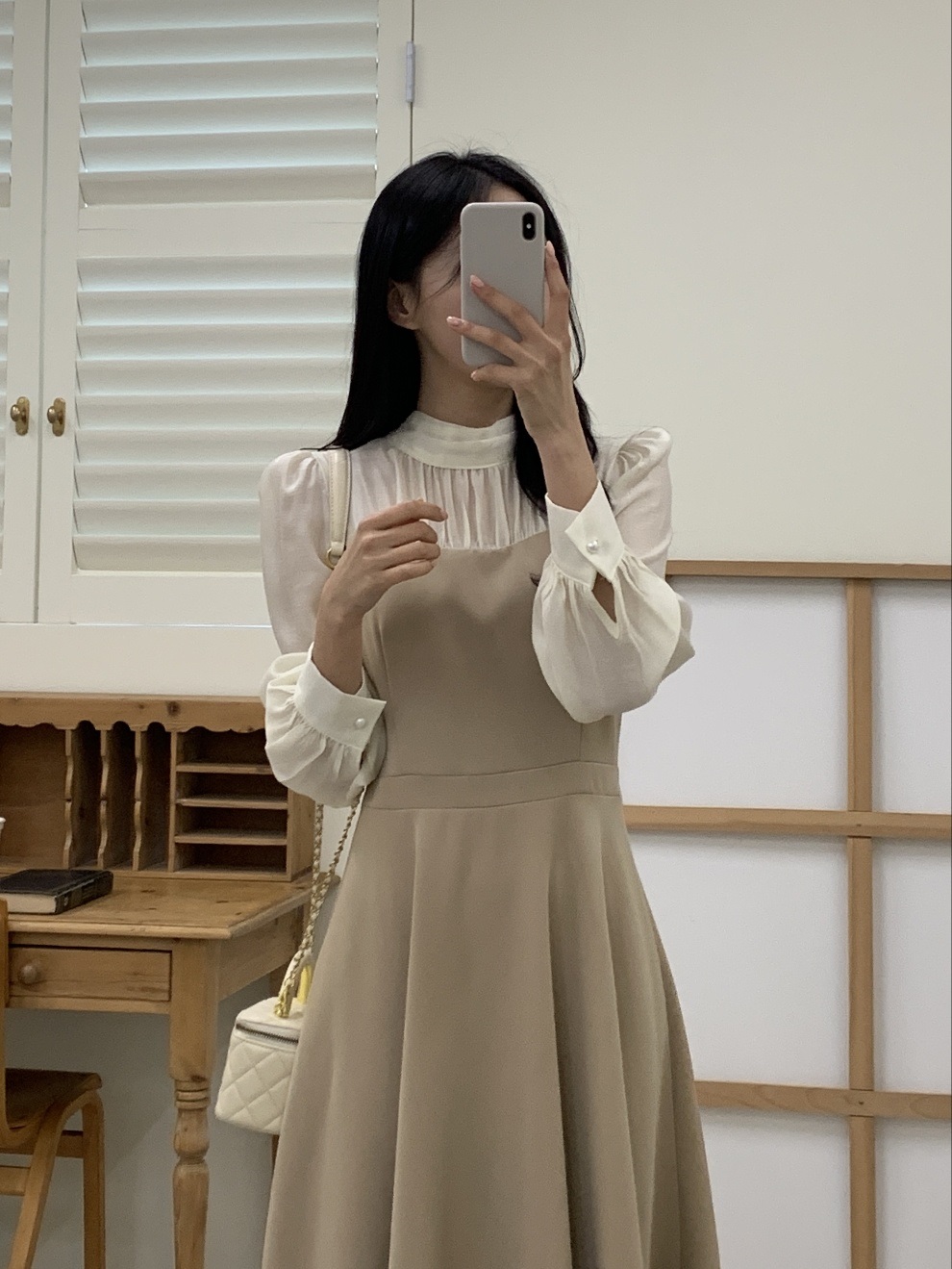 シフォンハーフネックパフスリーブレイヤード風ロング長袖フレアAラインボタンスリーブ配色ワンピース | 詳細画像19