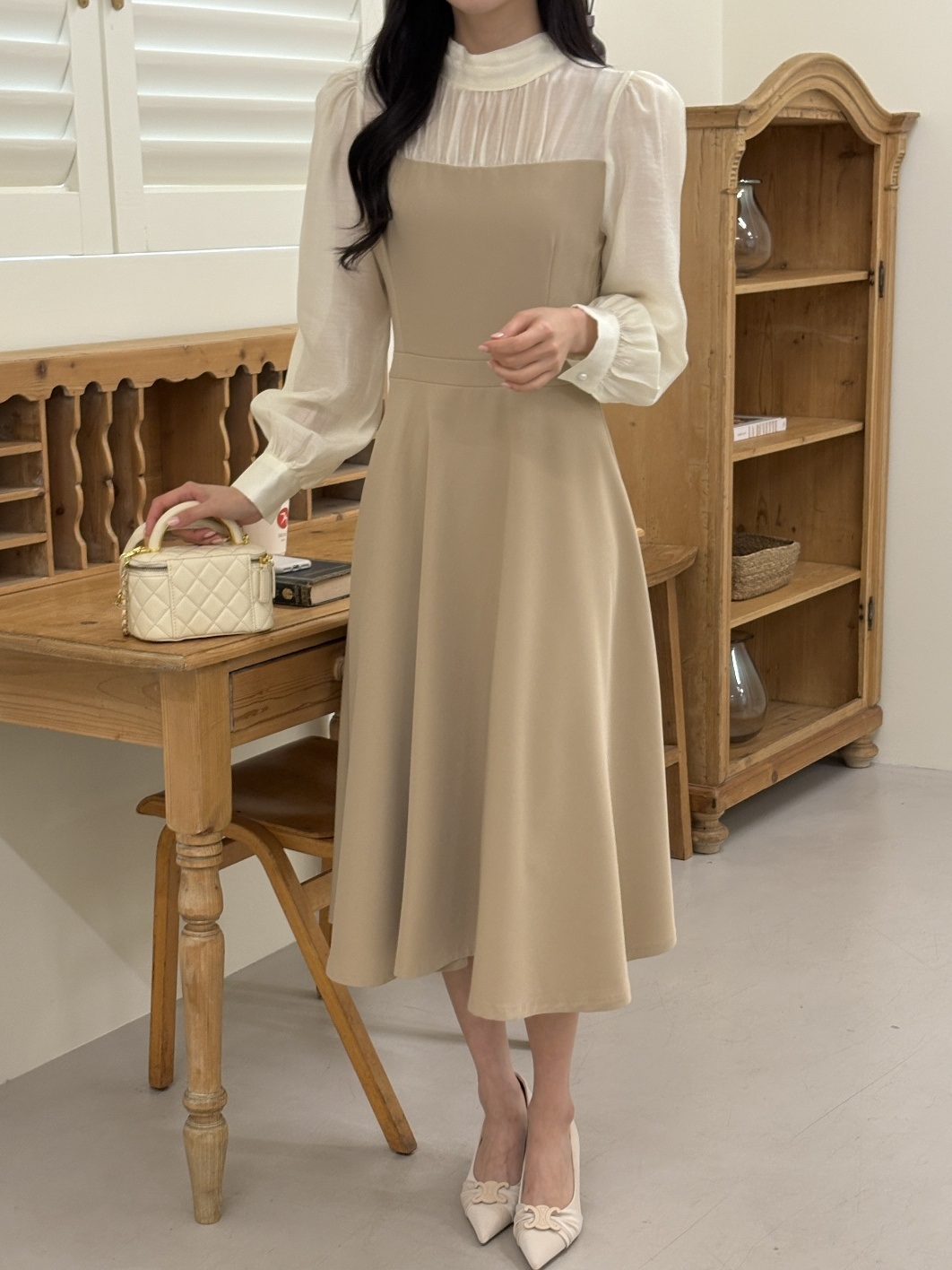 シフォンハーフネックパフスリーブレイヤード風ロング長袖フレアAラインボタンスリーブ配色ワンピース | 詳細画像20