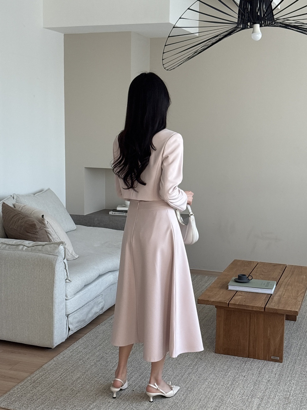 ボタンカラー肩パッドラインクロップドIライン長袖フレア無地ツーピース(トップス、ボトムス)スカートジャケットスカーフ付 | 詳細画像3