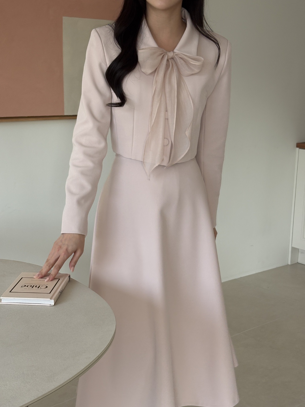 ボタンカラー肩パッドラインクロップドIライン長袖フレア無地ツーピース(トップス、ボトムス)スカートジャケットスカーフ付 | 詳細画像16