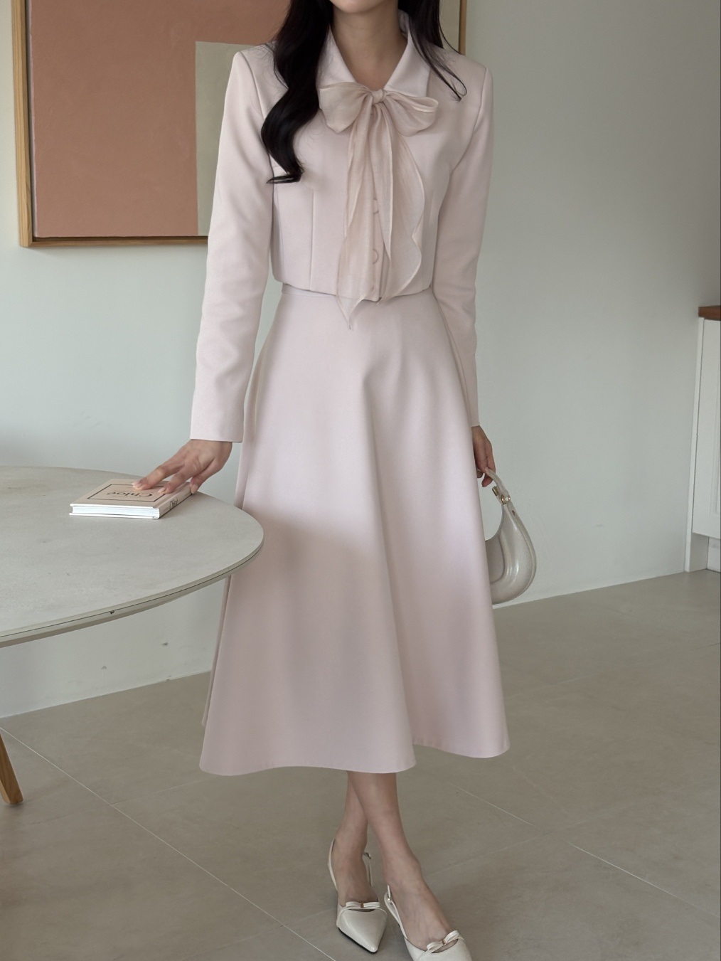 ボタンカラー肩パッドラインクロップドIライン長袖フレア無地ツーピース(トップス、ボトムス)スカートジャケットスカーフ付 | 詳細画像17