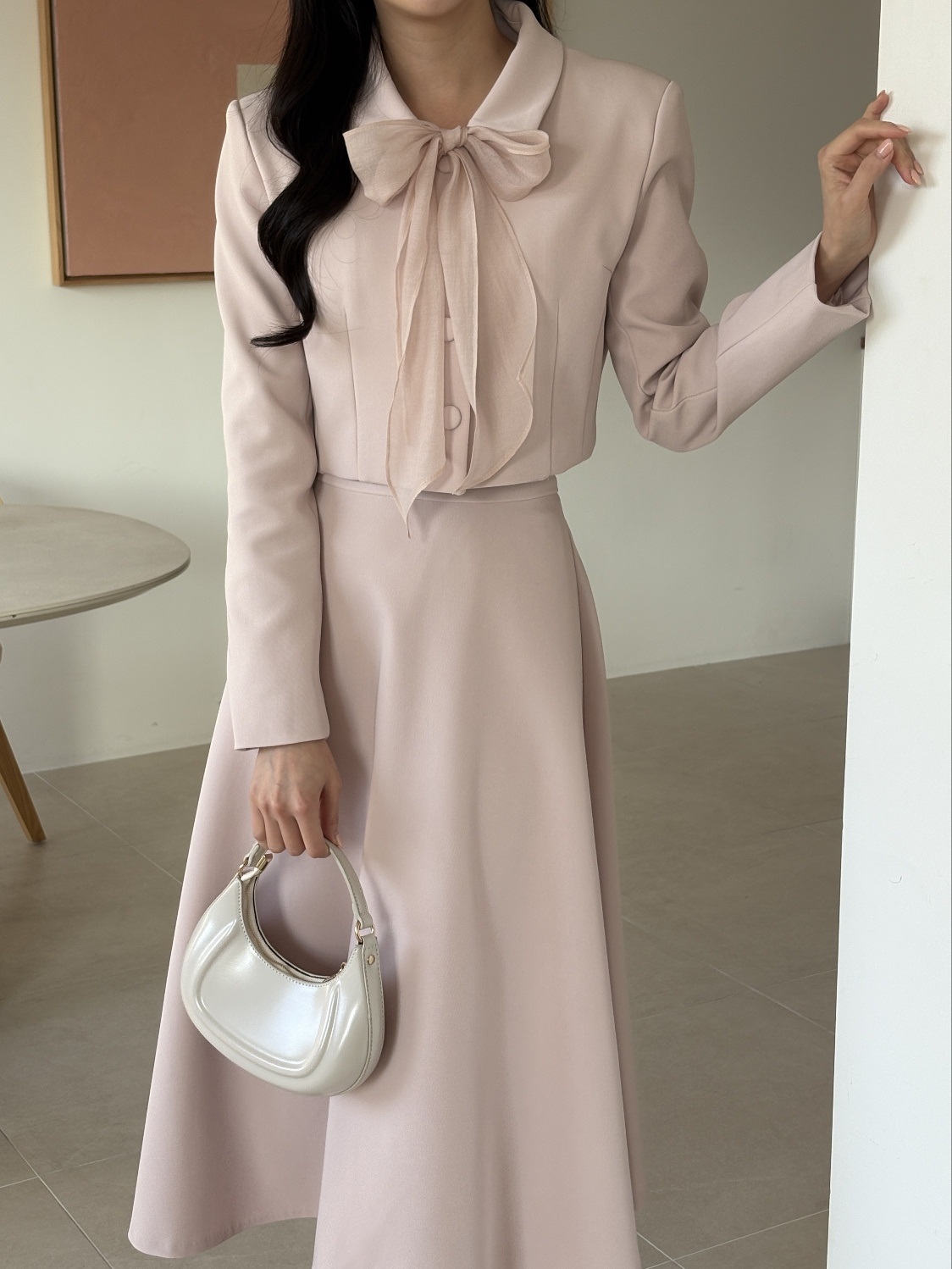 ボタンカラー肩パッドラインクロップドIライン長袖フレア無地ツーピース(トップス、ボトムス)スカートジャケットスカーフ付 | 詳細画像11