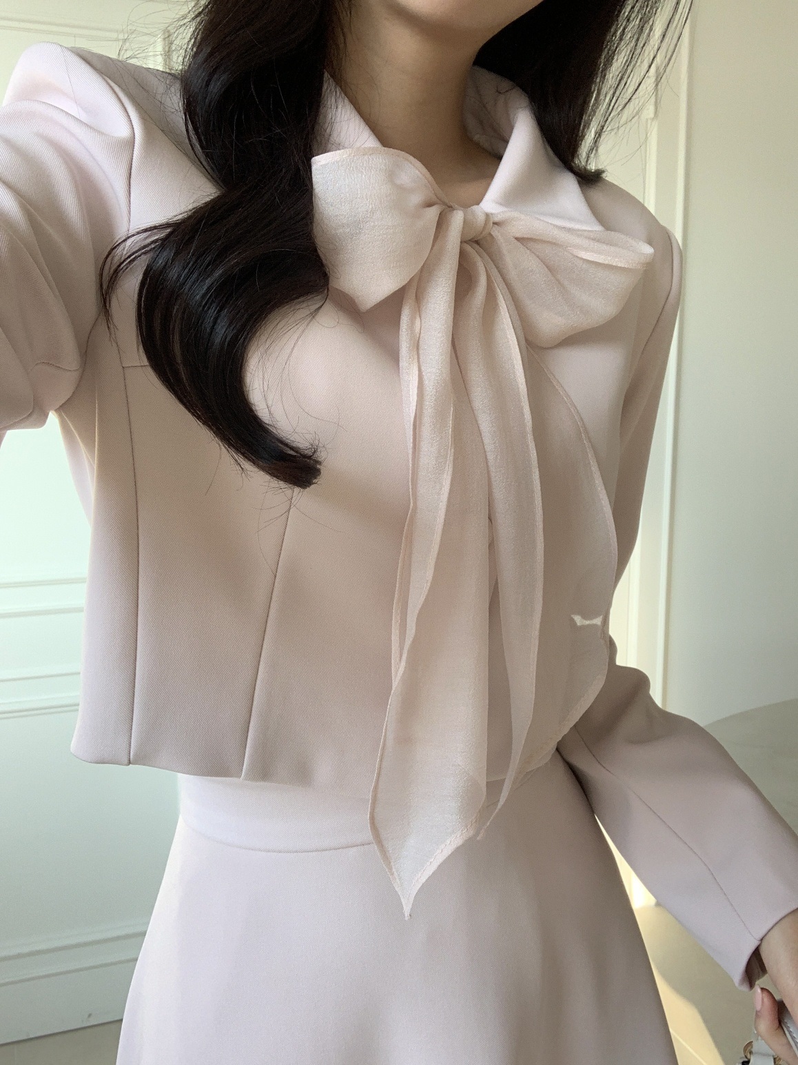 ボタンカラー肩パッドラインクロップドIライン長袖フレア無地ツーピース(トップス、ボトムス)スカートジャケットスカーフ付 | 詳細画像14