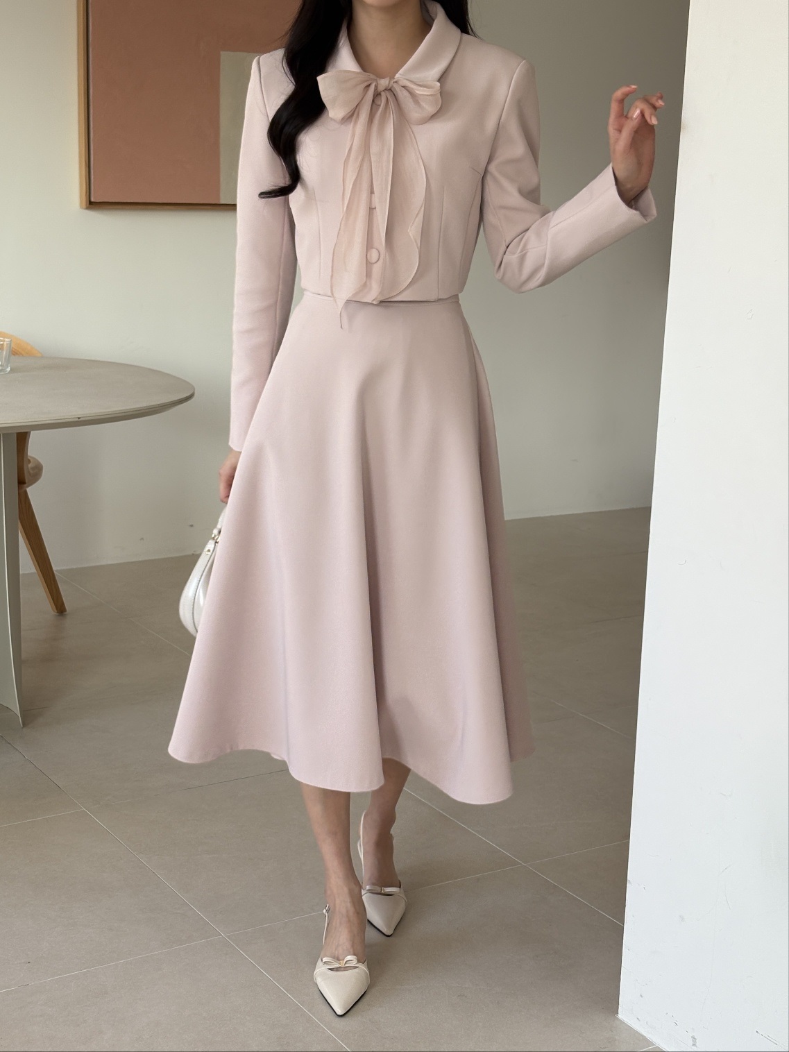 ボタンカラー肩パッドクロップド長袖無地ジャケットスカーフ付 | 詳細画像3