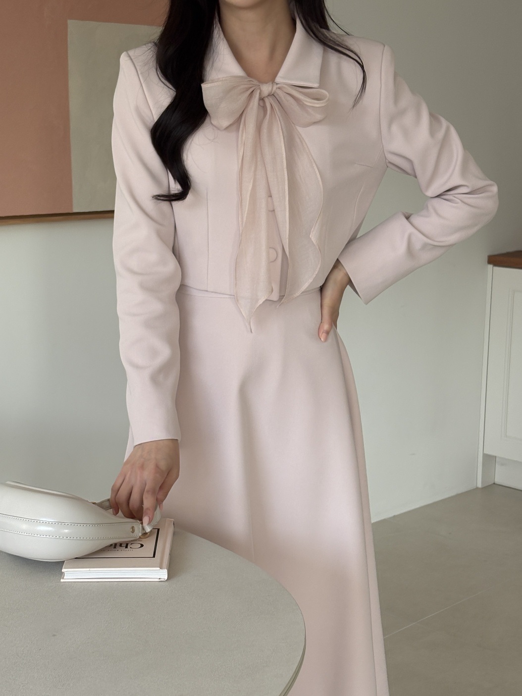 ボタンカラー肩パッドクロップド長袖無地ジャケットスカーフ付 | 詳細画像14