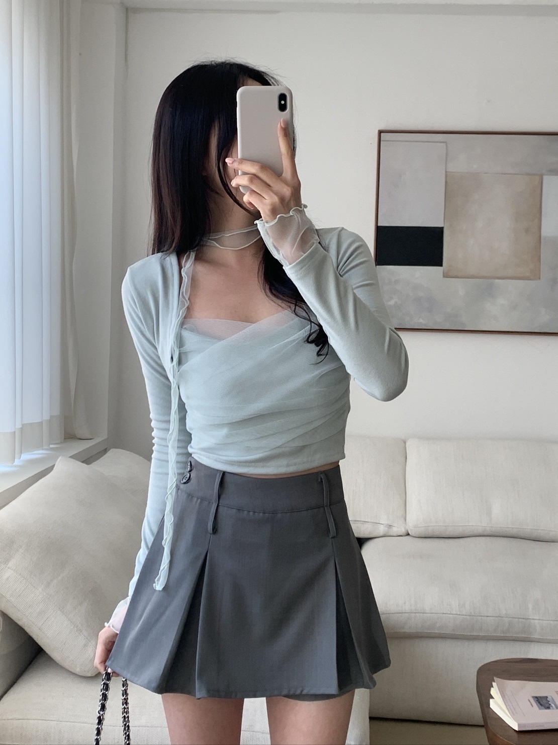 シフォンクロップドスリムカシュクール長袖ギャザー無地ボレロキャミソールアンサンブルストラップ付 | 詳細画像2