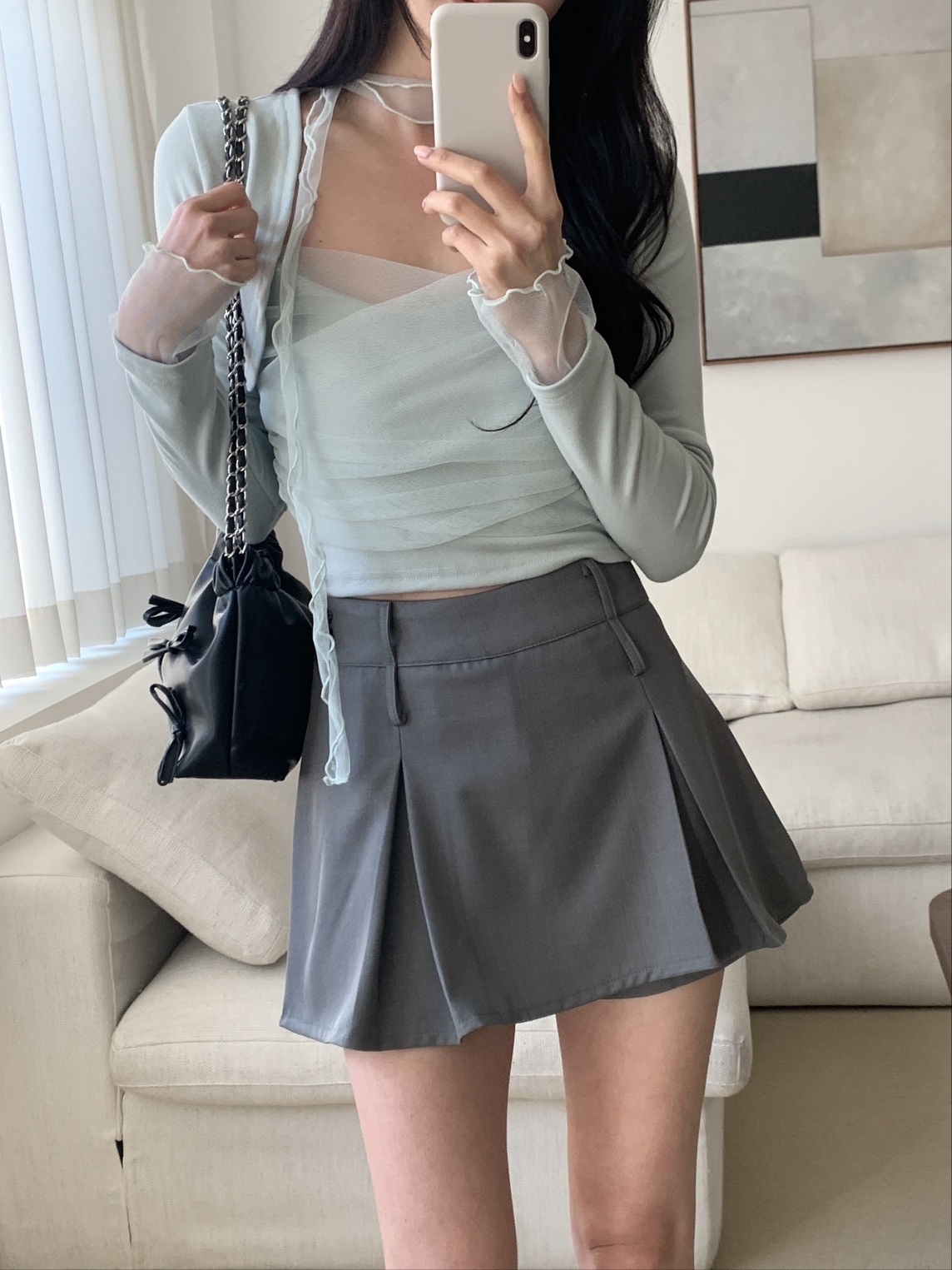 シフォンクロップドスリムカシュクール長袖ギャザー無地ボレロキャミソールアンサンブルストラップ付 | 詳細画像4