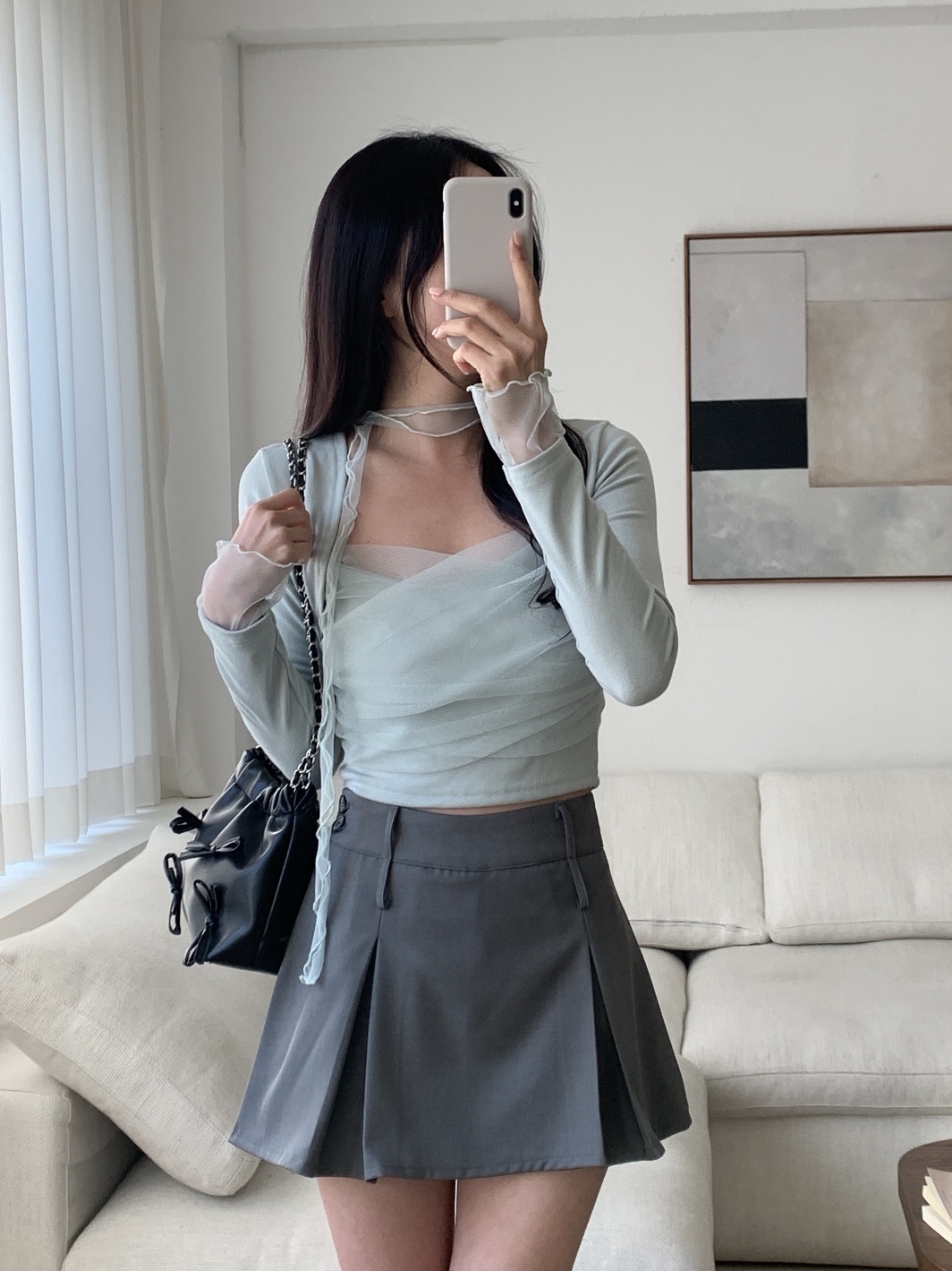 シフォンクロップドスリムカシュクール長袖ギャザー無地ボレロキャミソールアンサンブルストラップ付 | 詳細画像6