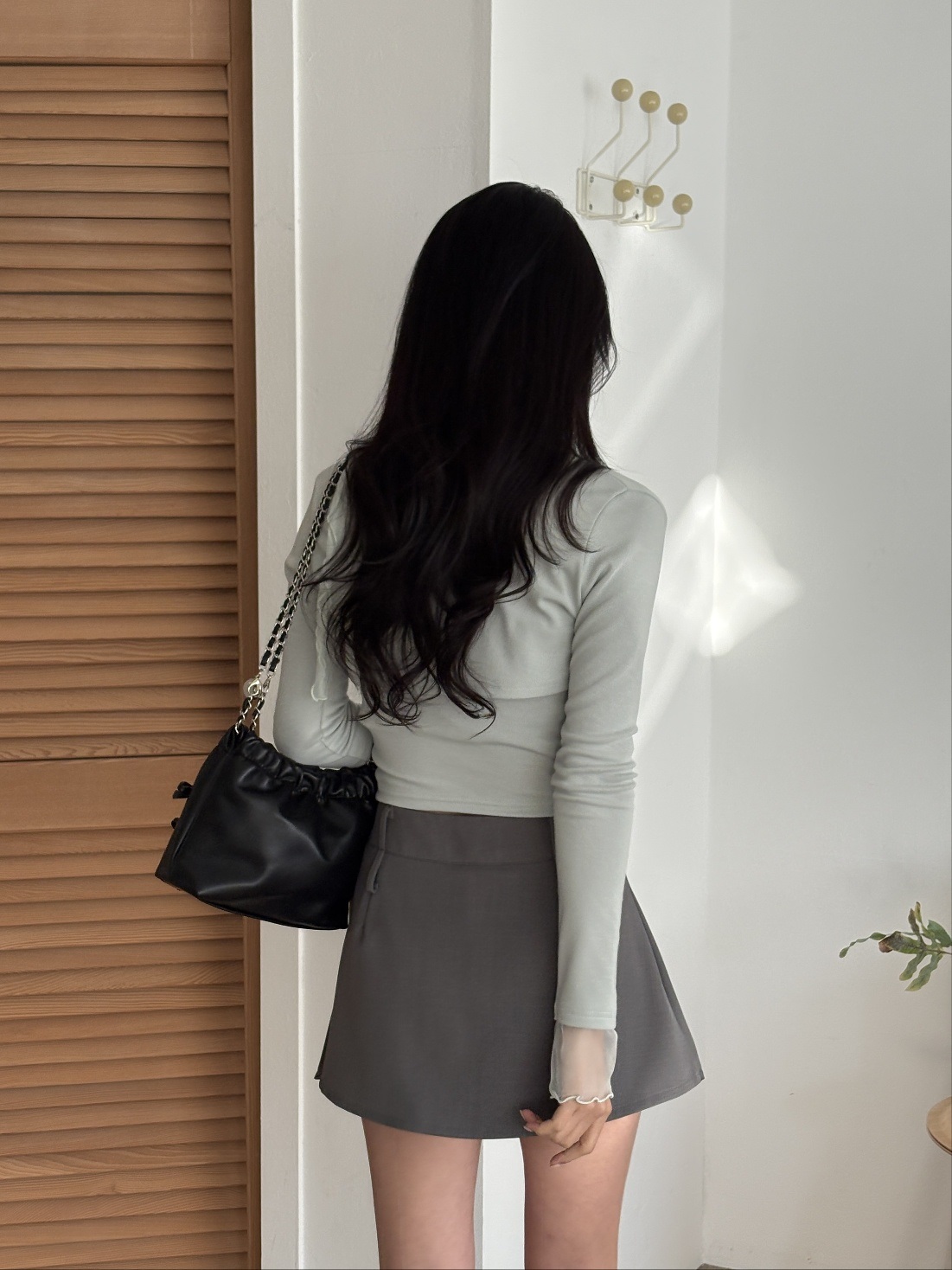 シフォンクロップドスリムカシュクール長袖ギャザー無地ボレロキャミソールアンサンブルストラップ付 | 詳細画像9