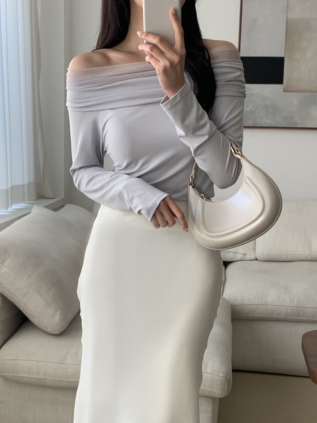 シフォンコンビオフショルダースリム長袖ギャザー無地Tシャツ | 詳細画像4