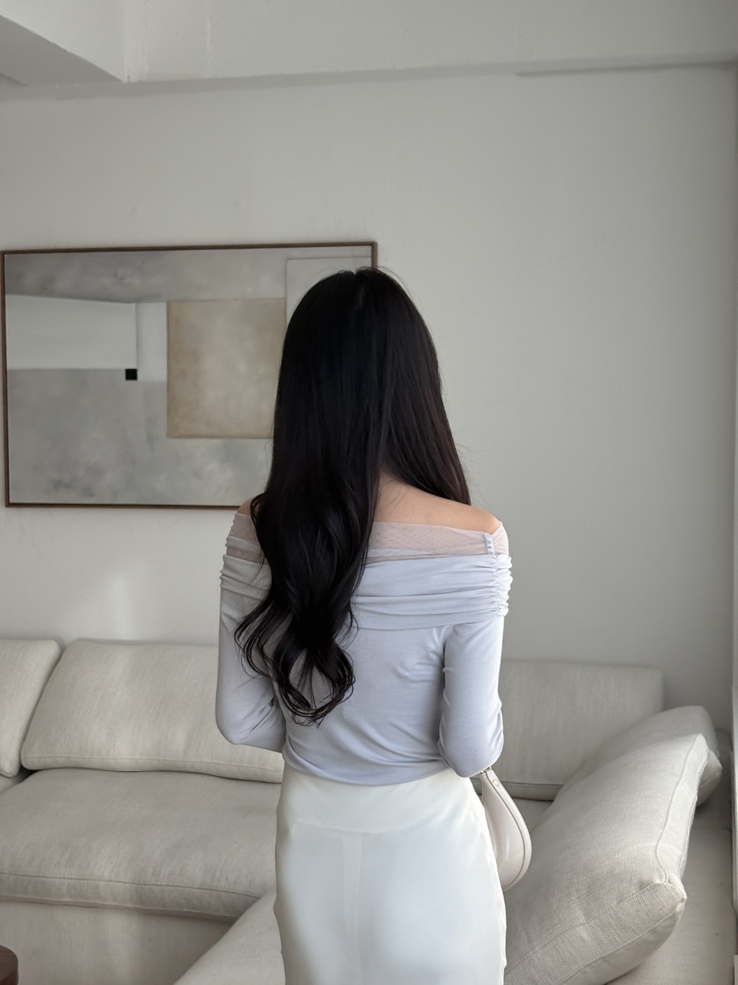 シフォンコンビオフショルダースリム長袖ギャザー無地Tシャツ | 詳細画像9