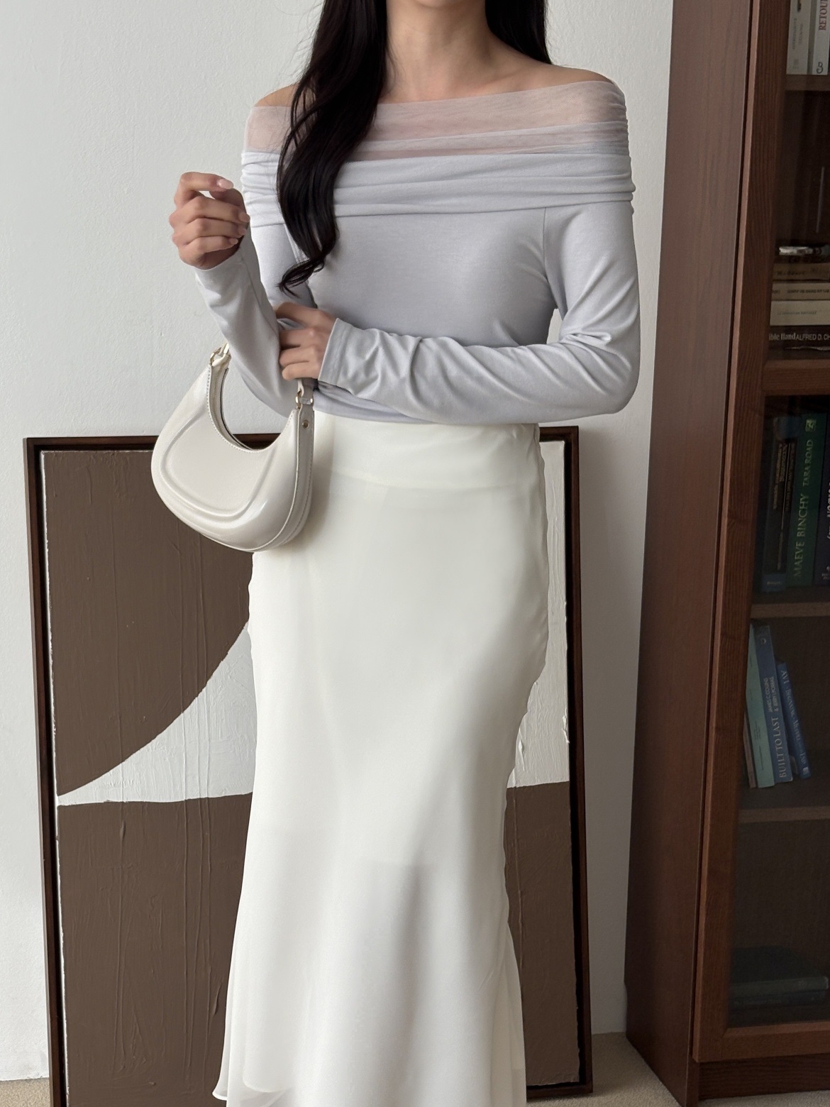 シフォンコンビオフショルダースリム長袖ギャザー無地Tシャツ | 詳細画像15