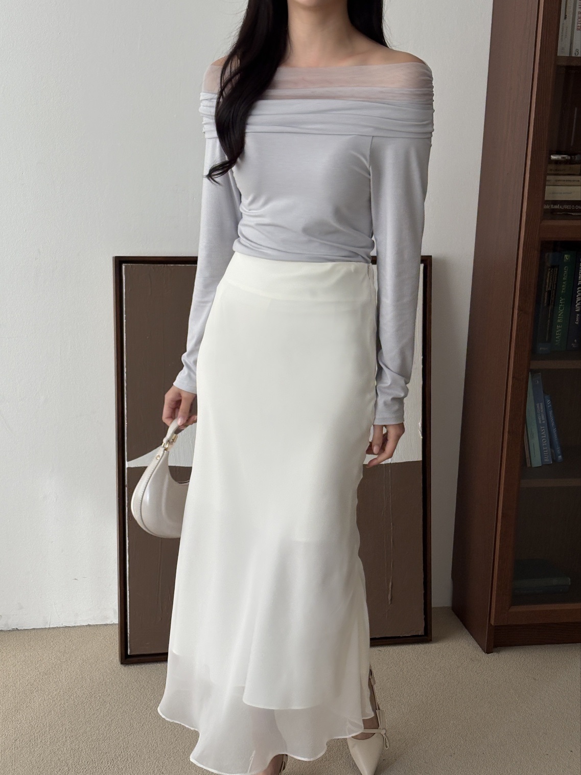 シフォンコンビオフショルダースリム長袖ギャザー無地Tシャツ | 詳細画像16