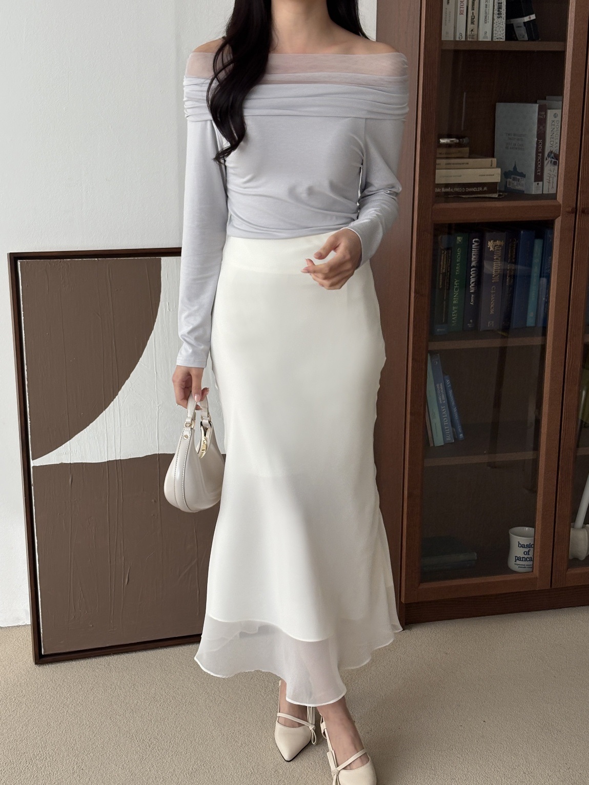 シフォンコンビオフショルダースリム長袖ギャザー無地Tシャツ | 詳細画像18