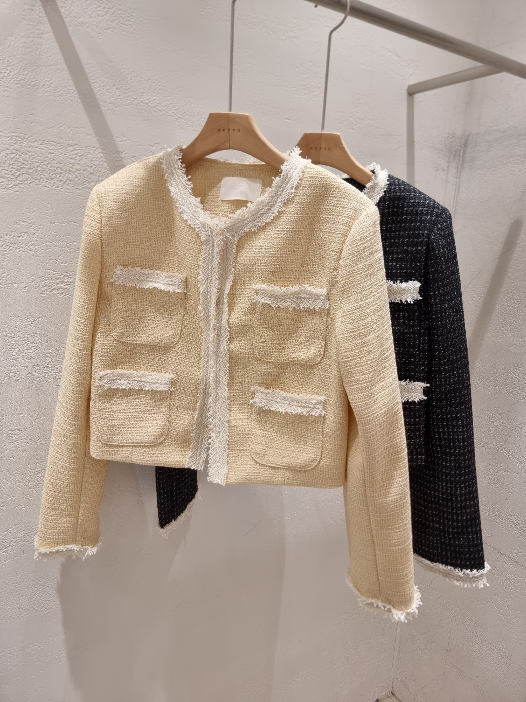 ツイードラウンドネックスリットフリンジ肩パッドクロップド長袖アウトポケットHライン(ロング丈)配色ツーピース(トップス、ボトムス)スカートジャケット | 詳細画像21