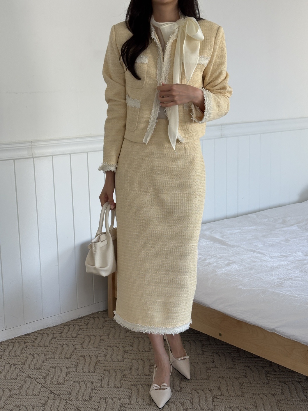 ツイードラウンドネックスリットフリンジ肩パッドクロップド長袖アウトポケットHライン(ロング丈)配色ツーピース(トップス、ボトムス)スカートジャケット | 詳細画像6