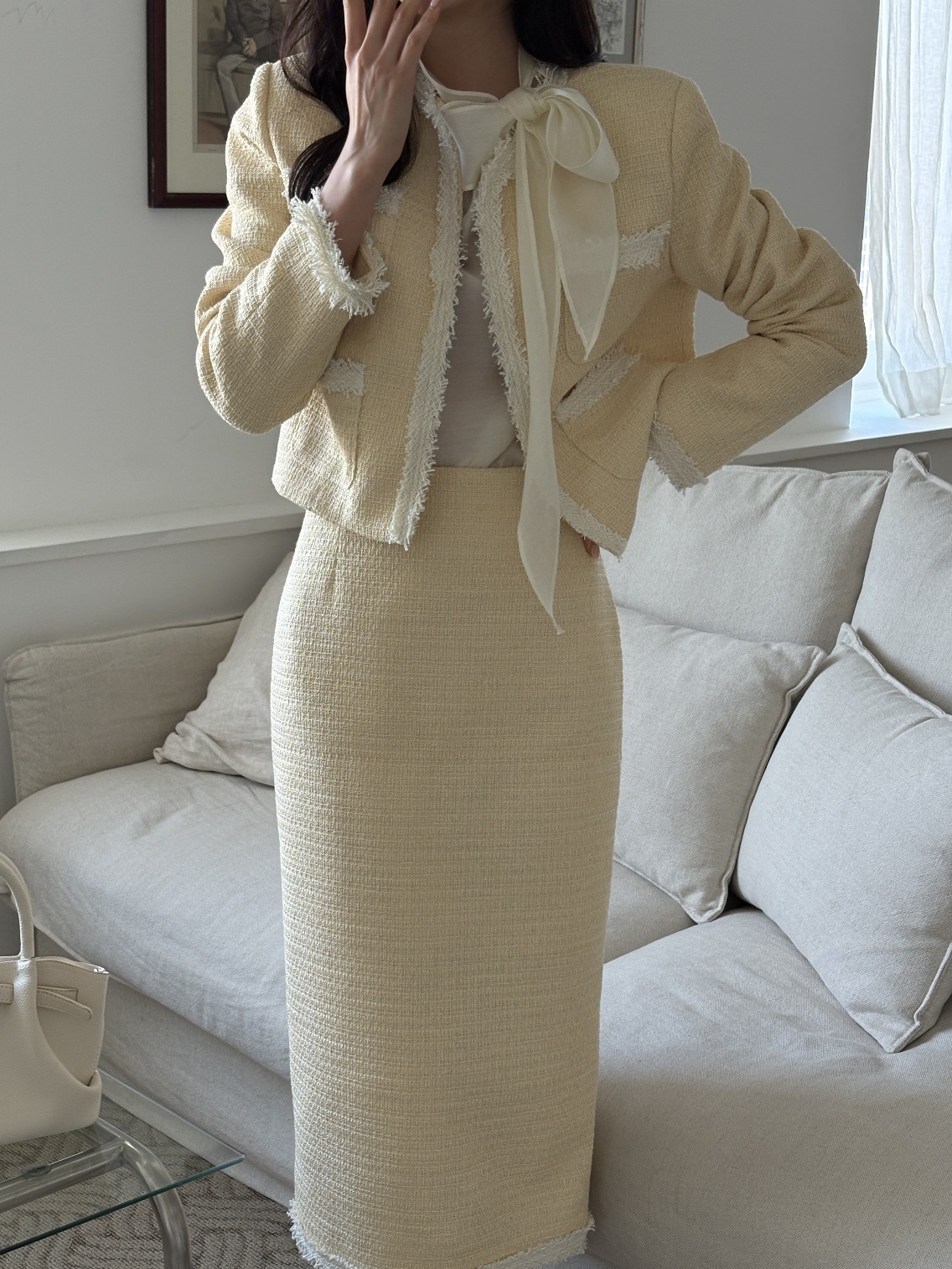 ツイードラウンドネックスリットフリンジ肩パッドクロップド長袖アウトポケットHライン(ロング丈)配色ツーピース(トップス、ボトムス)スカートジャケット | 詳細画像7