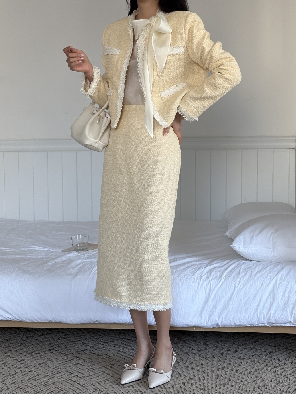 ツイードラウンドネックスリットフリンジ肩パッドクロップド長袖アウトポケットHライン(ロング丈)配色ツーピース(トップス、ボトムス)スカートジャケット | 詳細画像10