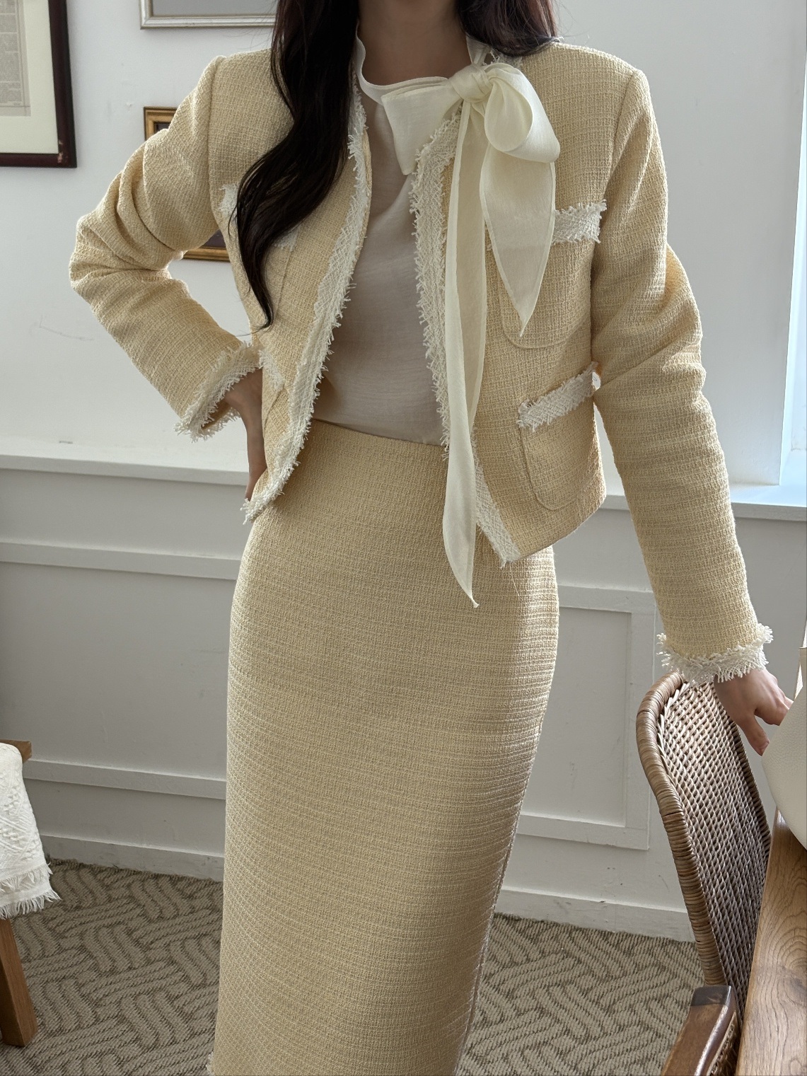 ツイードラウンドネックスリットフリンジ肩パッドクロップド長袖アウトポケットHライン(ロング丈)配色ツーピース(トップス、ボトムス)スカートジャケット | 詳細画像18