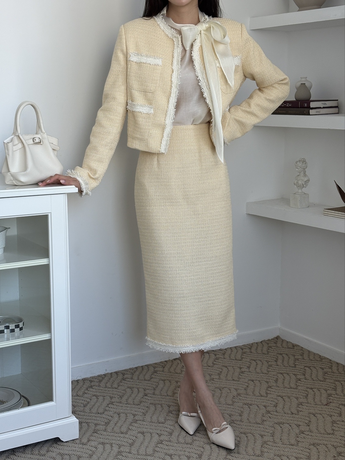 ツイードラウンドネックフリンジ肩パッドクロップド長袖アウトポケット配色ジャケット | 詳細画像3