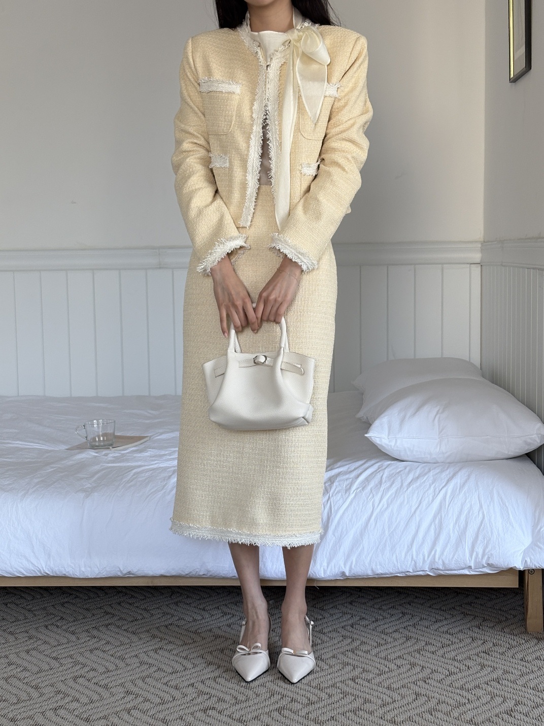 ツイードラウンドネックフリンジ肩パッドクロップド長袖アウトポケット配色ジャケット | 詳細画像6