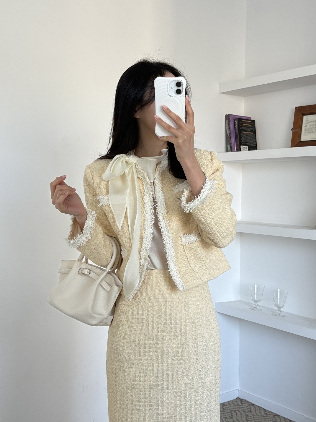 ツイードラウンドネックフリンジ肩パッドクロップド長袖アウトポケット配色ジャケット | 詳細画像11