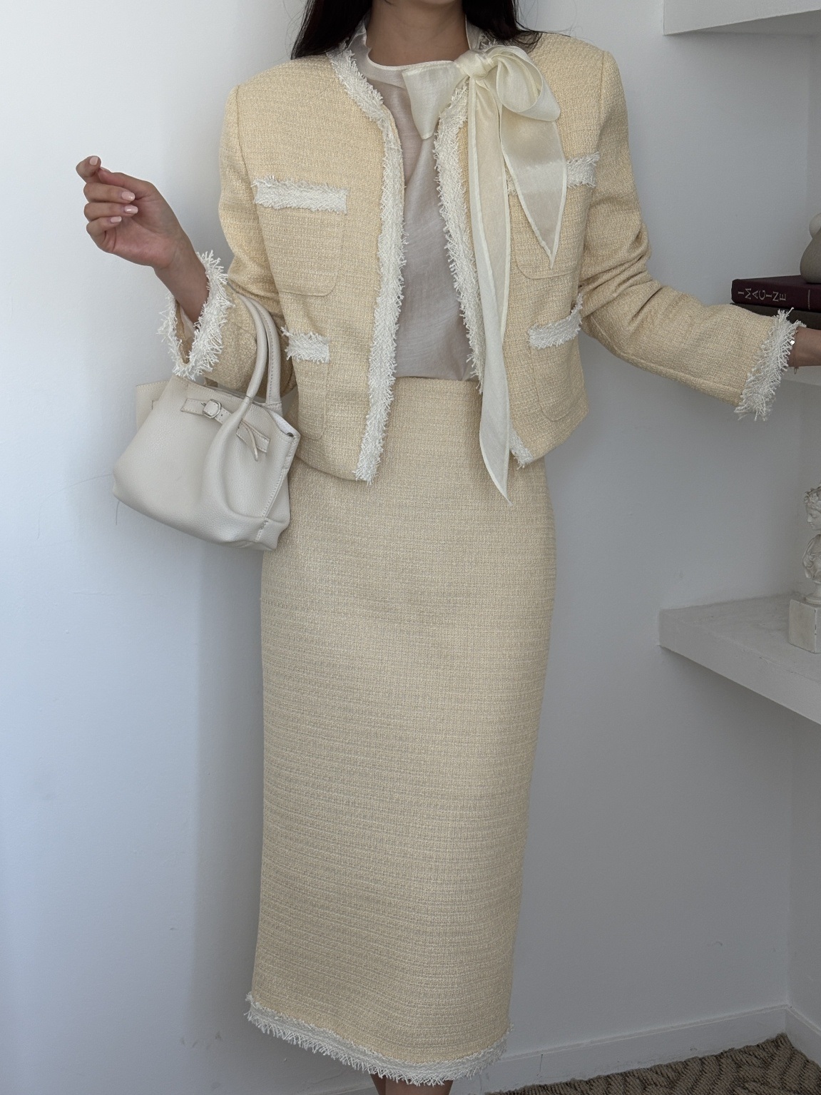 ツイードラウンドネックフリンジ肩パッドクロップド長袖アウトポケット配色ジャケット | 詳細画像18