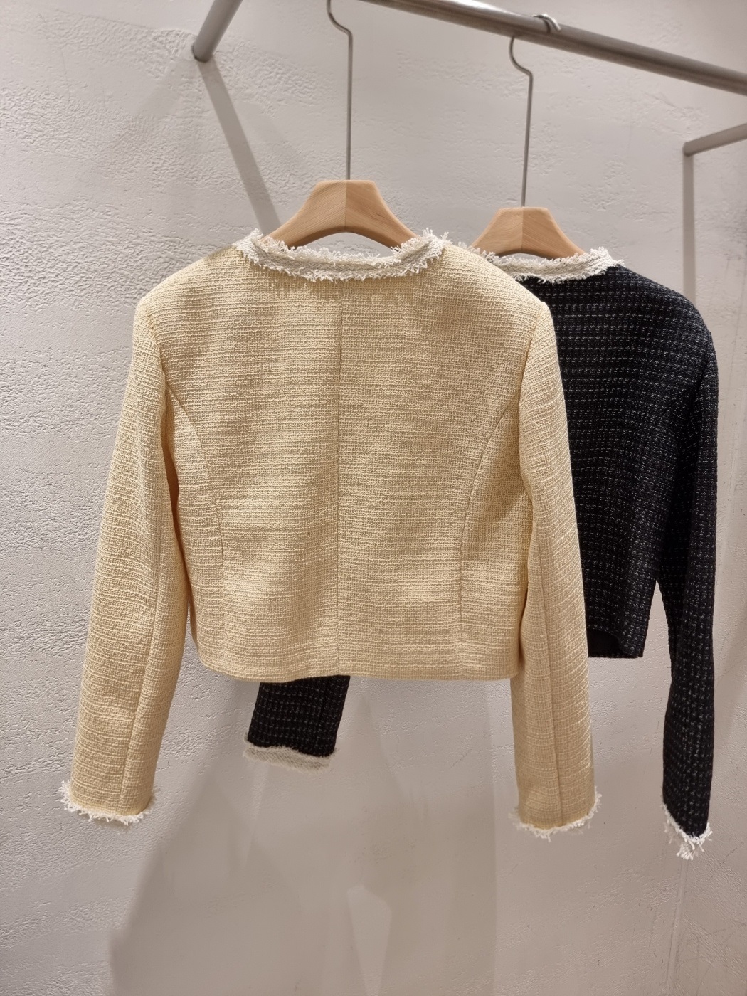 ツイードラウンドネックフリンジ肩パッドクロップド長袖アウトポケット配色ジャケット | 詳細画像20