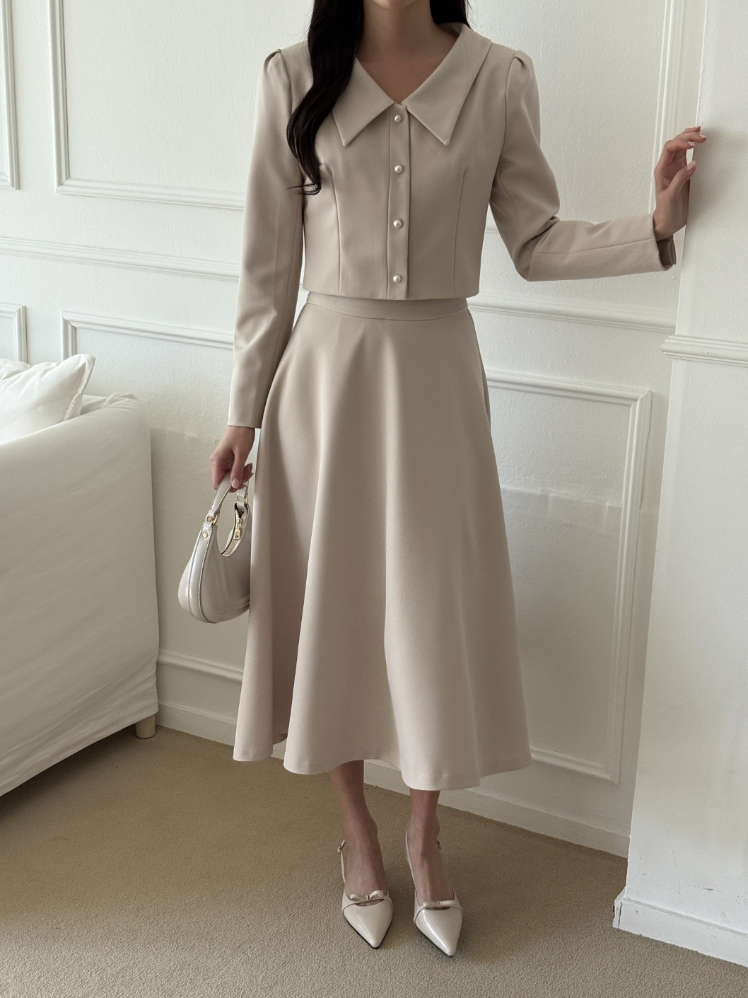 カラー肩パッドラインパフスリーブクロップドロングルーズ長袖ビジューボタンフレアAラインボタンスリーブ無地ツーピース(トップス、ボトムス)スカートジャケット | 詳細画像6