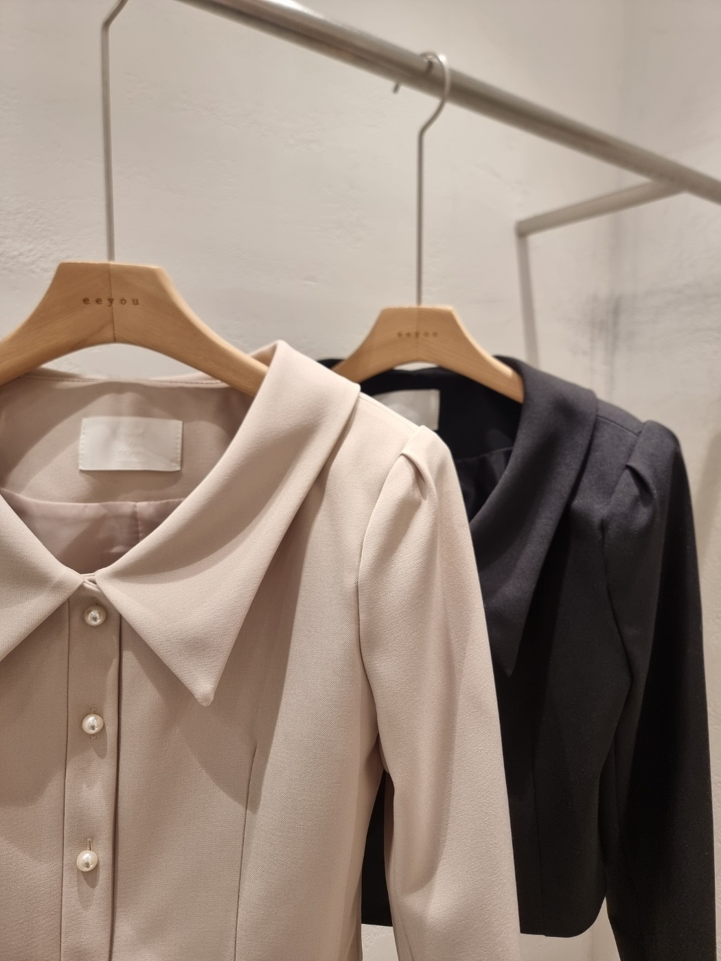 カラー肩パッドラインパフスリーブクロップドロングルーズ長袖ビジューボタンフレアAラインボタンスリーブ無地ツーピース(トップス、ボトムス)スカートジャケット | 詳細画像21