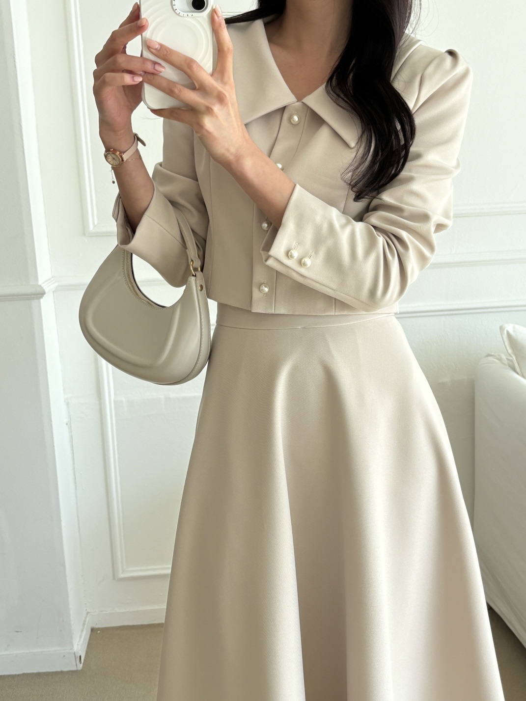 カラー肩パッドラインパフスリーブクロップドロングルーズ長袖ビジューボタンフレアAラインボタンスリーブ無地ツーピース(トップス、ボトムス)スカートジャケット | 詳細画像9