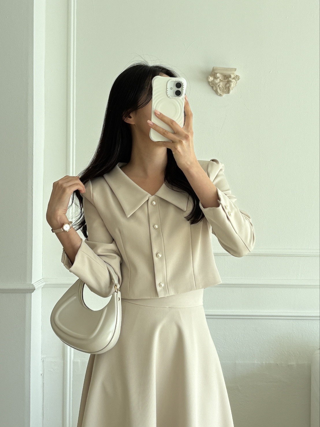 カラー肩パッドラインパフスリーブクロップドロングルーズ長袖ビジューボタンフレアAラインボタンスリーブ無地ツーピース(トップス、ボトムス)スカートジャケット | 詳細画像10