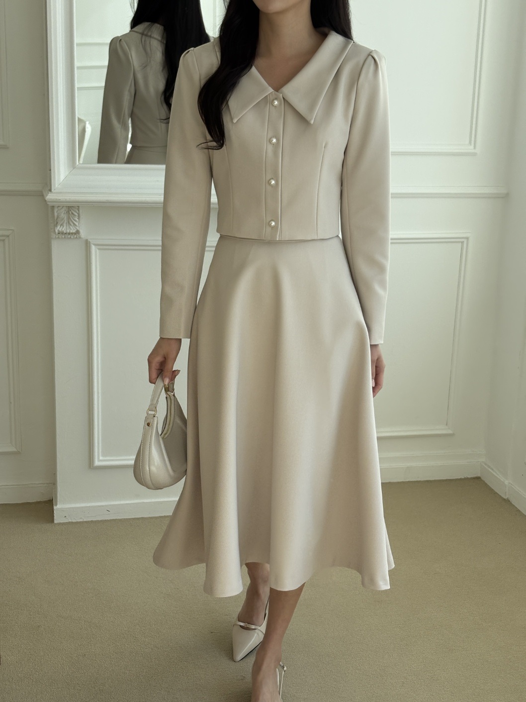 カラー肩パッドラインパフスリーブクロップドロングルーズ長袖ビジューボタンフレアAラインボタンスリーブ無地ツーピース(トップス、ボトムス)スカートジャケット | 詳細画像18