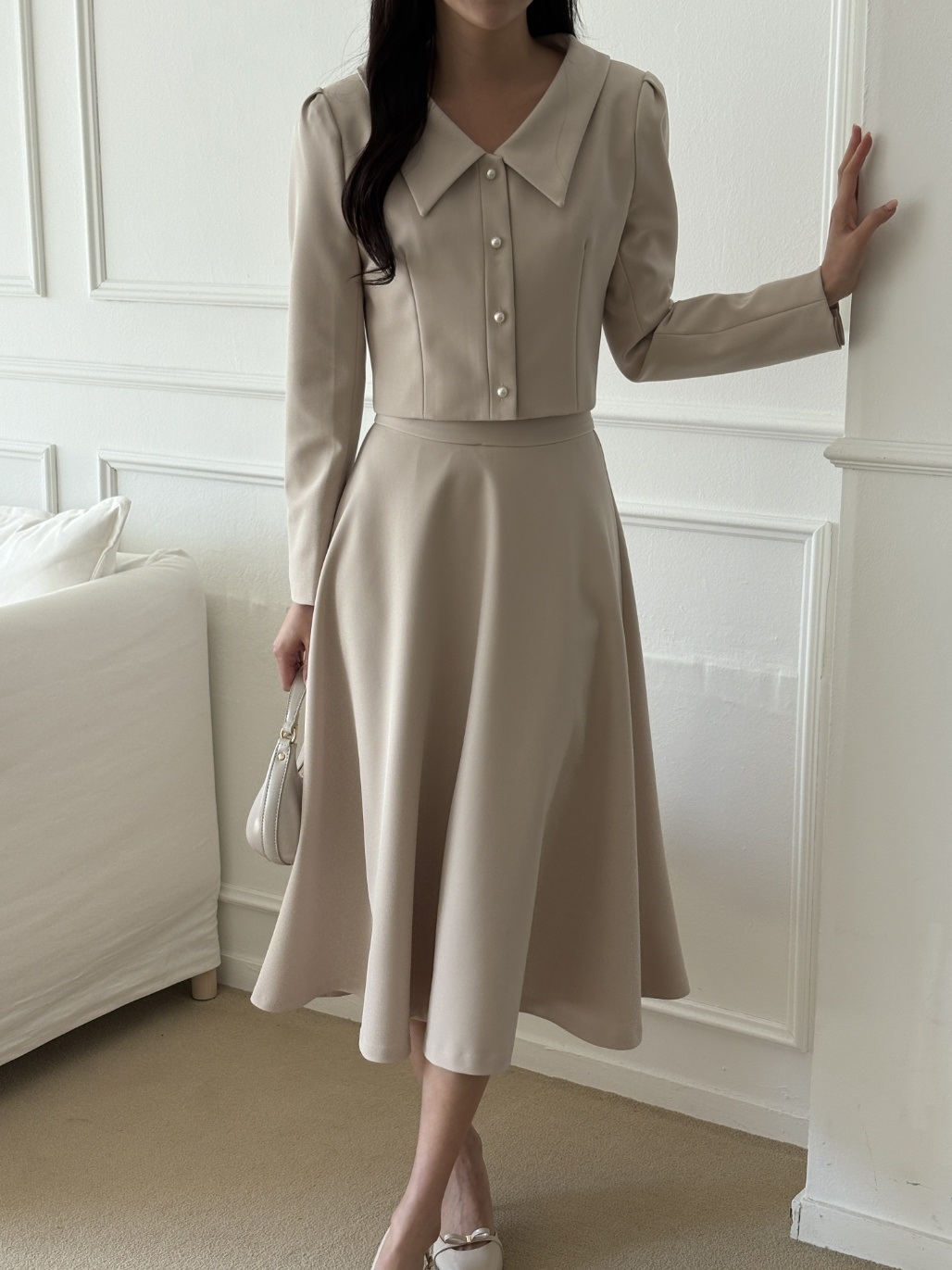 カラー肩パッドラインパフスリーブクロップドルーズ長袖ビジューボタンボタンスリーブ無地ジャケット | 詳細画像3