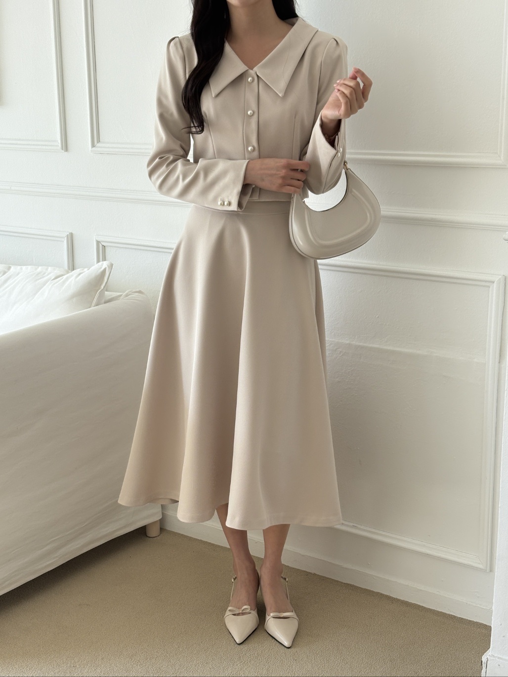 カラー肩パッドラインパフスリーブクロップドルーズ長袖ビジューボタンボタンスリーブ無地ジャケット | 詳細画像4