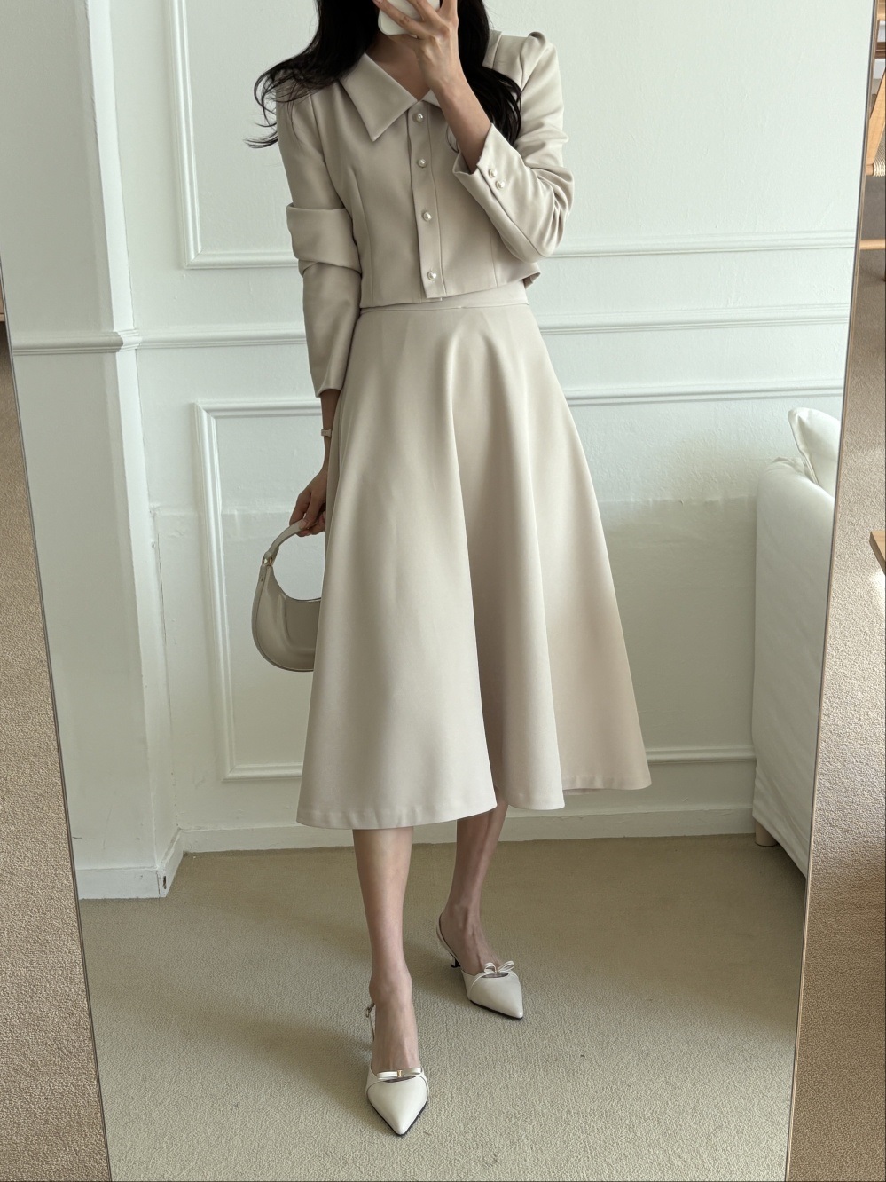 カラー肩パッドラインパフスリーブクロップドルーズ長袖ビジューボタンボタンスリーブ無地ジャケット | 詳細画像8