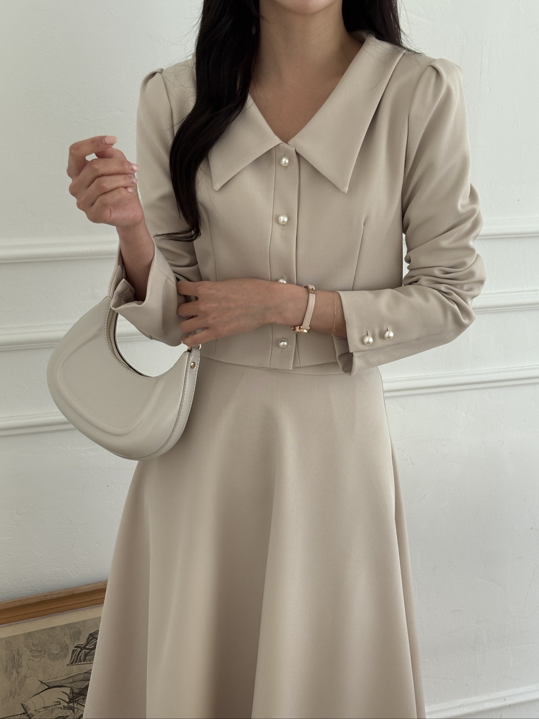 カラー肩パッドラインパフスリーブクロップドルーズ長袖ビジューボタンボタンスリーブ無地ジャケット | 詳細画像13